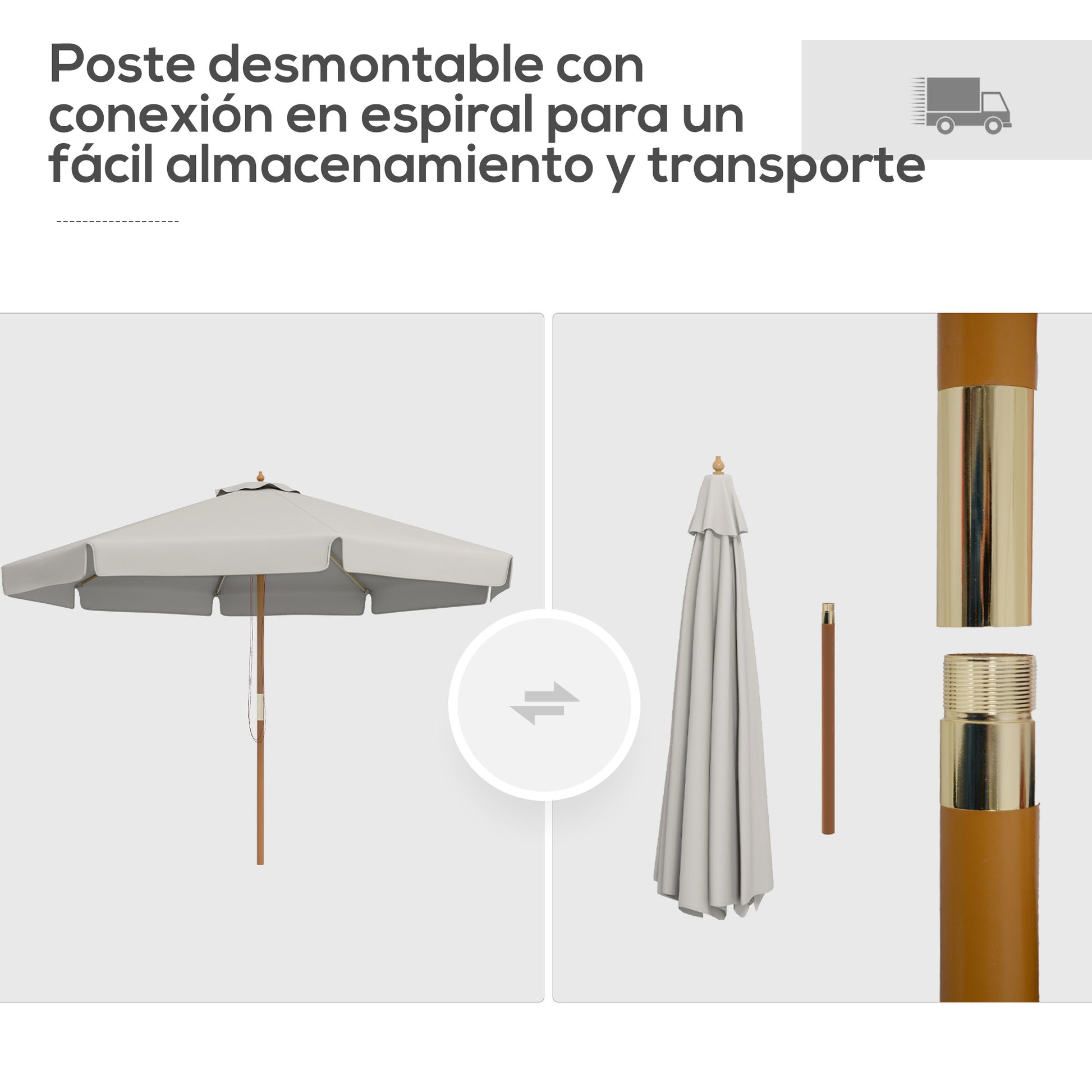 Outsunny Sombrilla Terraza Exterior Ø325 cm Sombrilla de Jardín con Sistema de Polea Techo Ventilado 8 Varillas de Bambú y Poste de Madera Parasol para Patio Terraza Gris