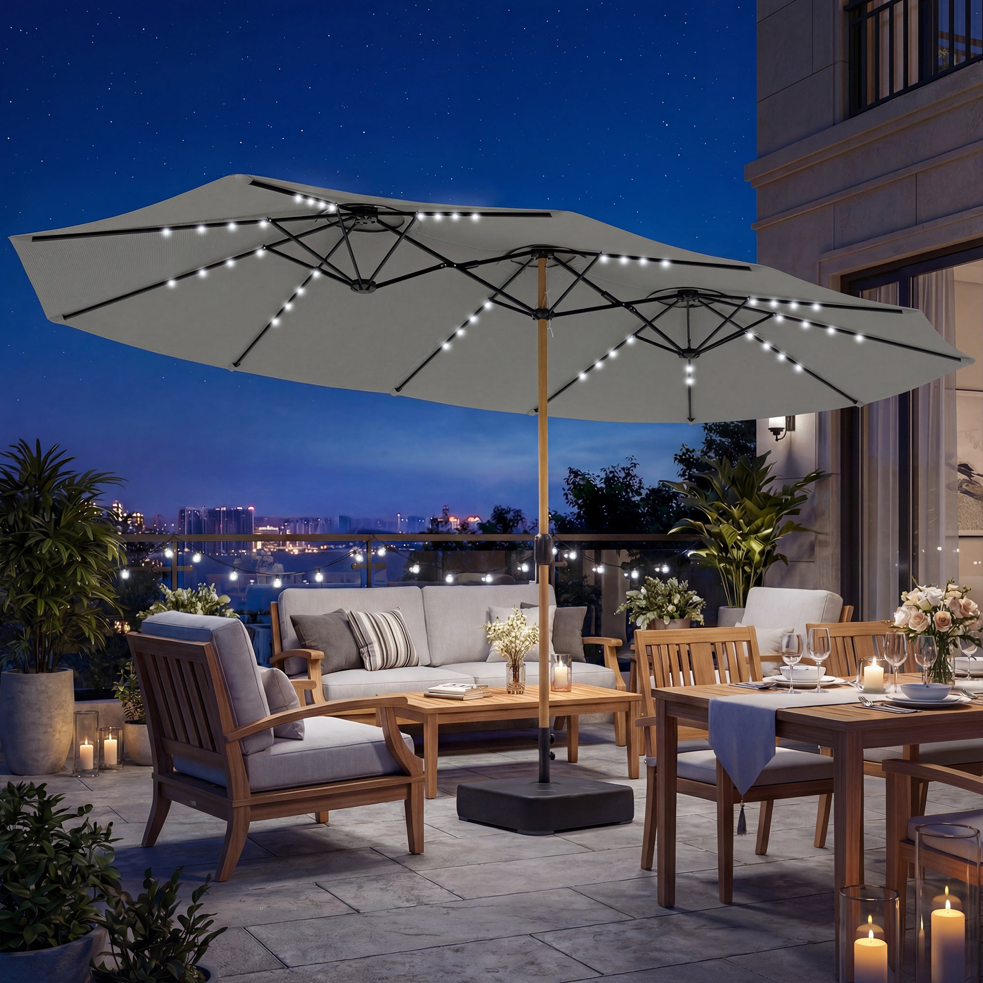 Outsunny Sombrilla Doble con 48 Luces LED, 4,6x2,6 m, Sombrilla Terraza Exterior con Base Incluida, Manivela, Sacos Arena, Funda, Anti-UV, Resistente al Agua, Parasol para Jardín, Terraza, Gris