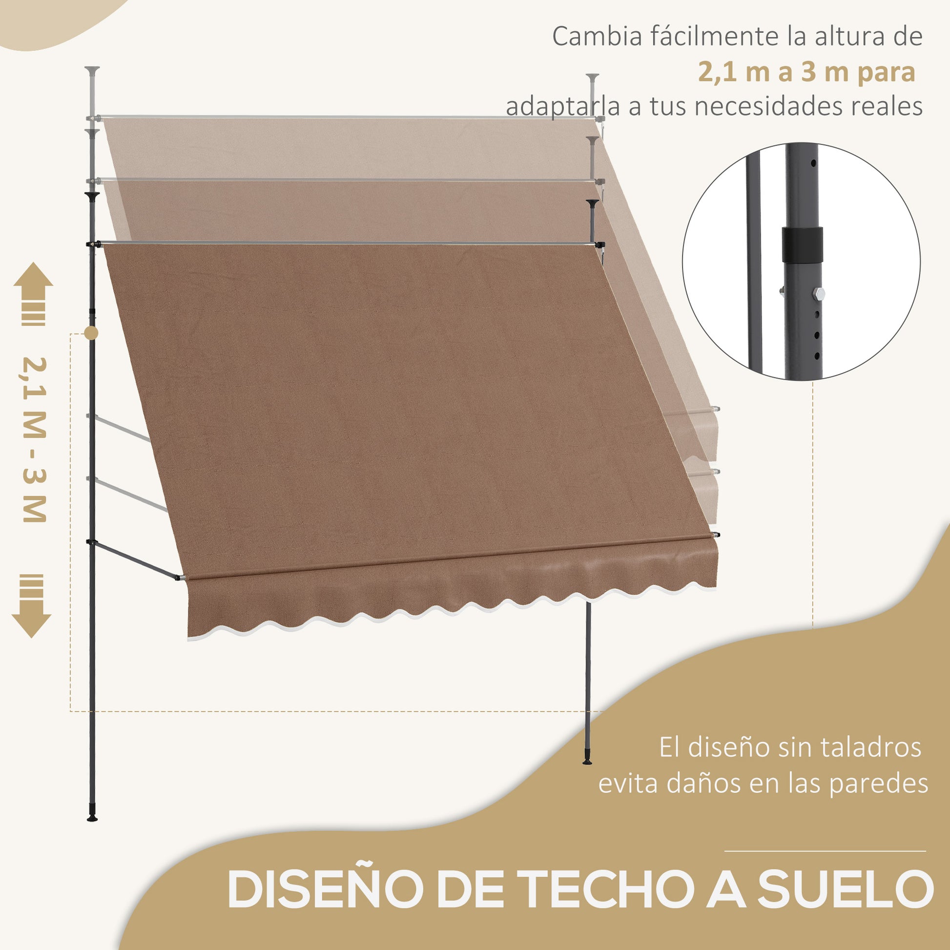 Outsunny Toldo Manual Retráctil 3x1,2 m Toldo Exterior Terraza Enrollable Altura Ajustable con Manivela 210-300 cm Sin Taladro Protección UV30+ para Balcón Jardín Café