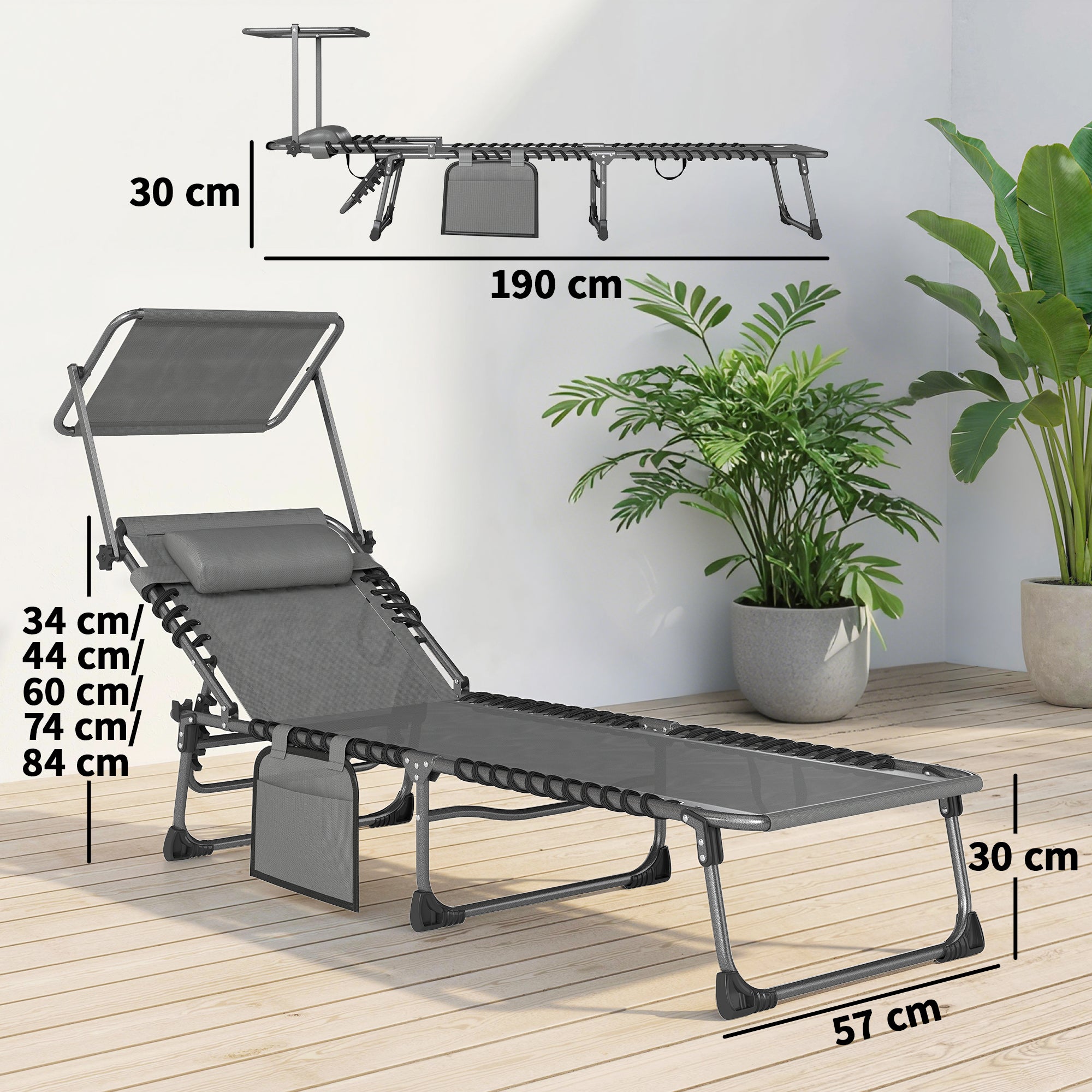 Outsunny Set de 2 Tumbonas Jardín Exterior, Tumbonas Plegables con Reposacabezas, Parasol y Bolsillo Lateral, Respaldo Reclinable 5 Posiciones y Asiento Malla Transpirable para Playa, Piscina, Gris