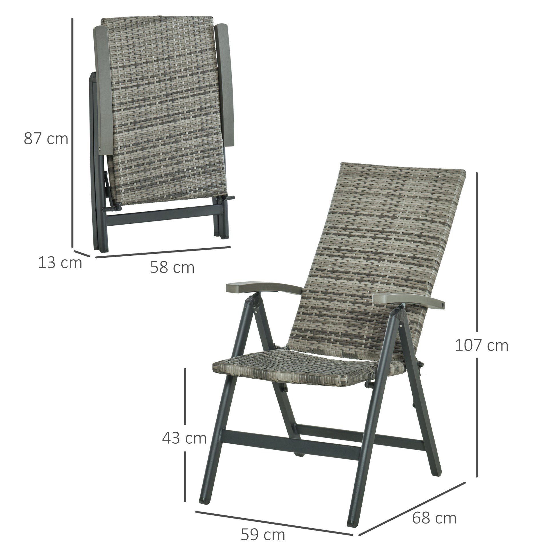 Outsunny Conjunto de 2 Sillas Plegable de Ratán con 5 Posiciones Silla Reclinable de Aluminio para Jardín Balcón Terraza Exterior Carga 160 kg 59x68x107 cm Gris