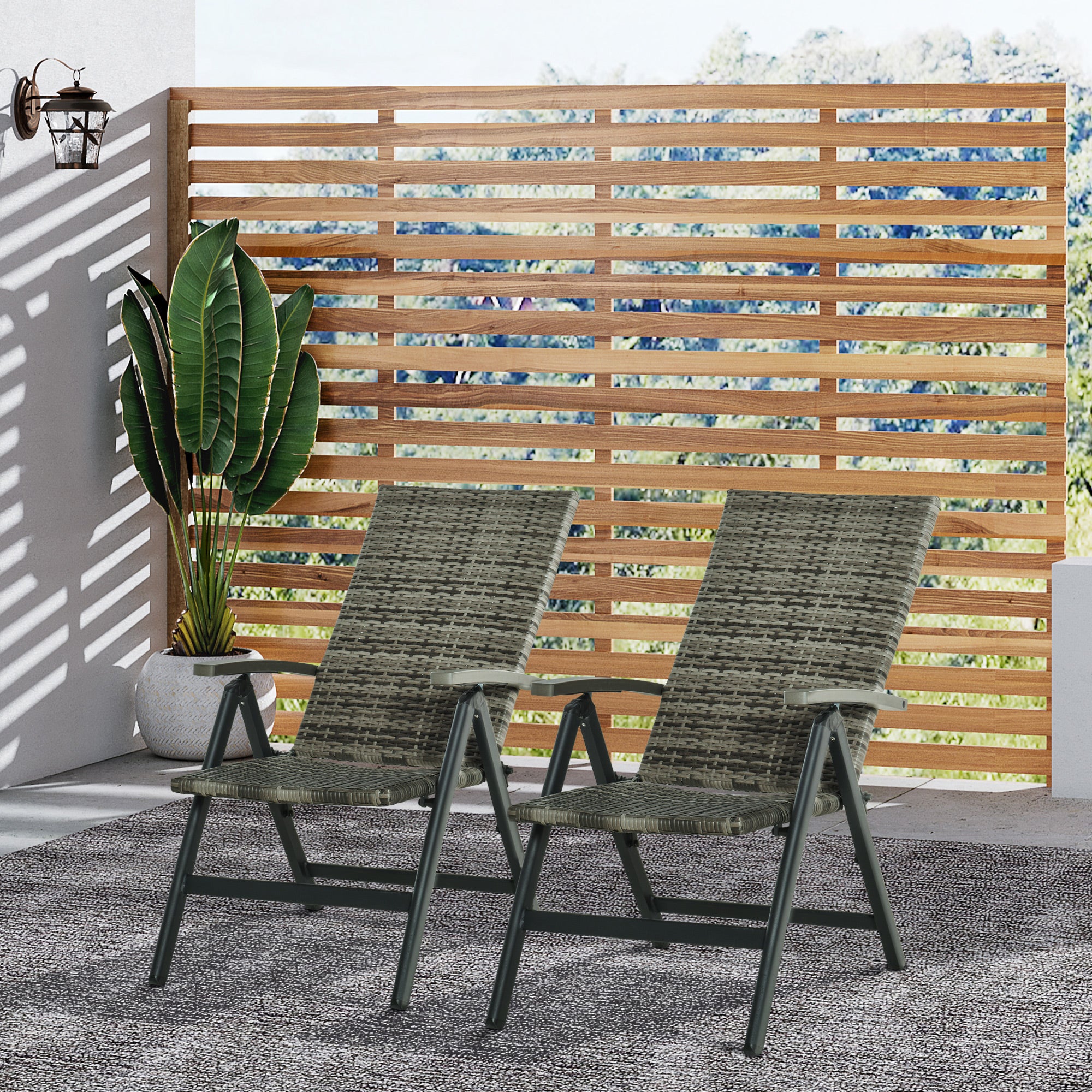 Outsunny Conjunto de 2 Sillas Plegable de Ratán con 5 Posiciones Silla Reclinable de Aluminio para Jardín Balcón Terraza Exterior Carga 160 kg 59x68x107 cm Gris