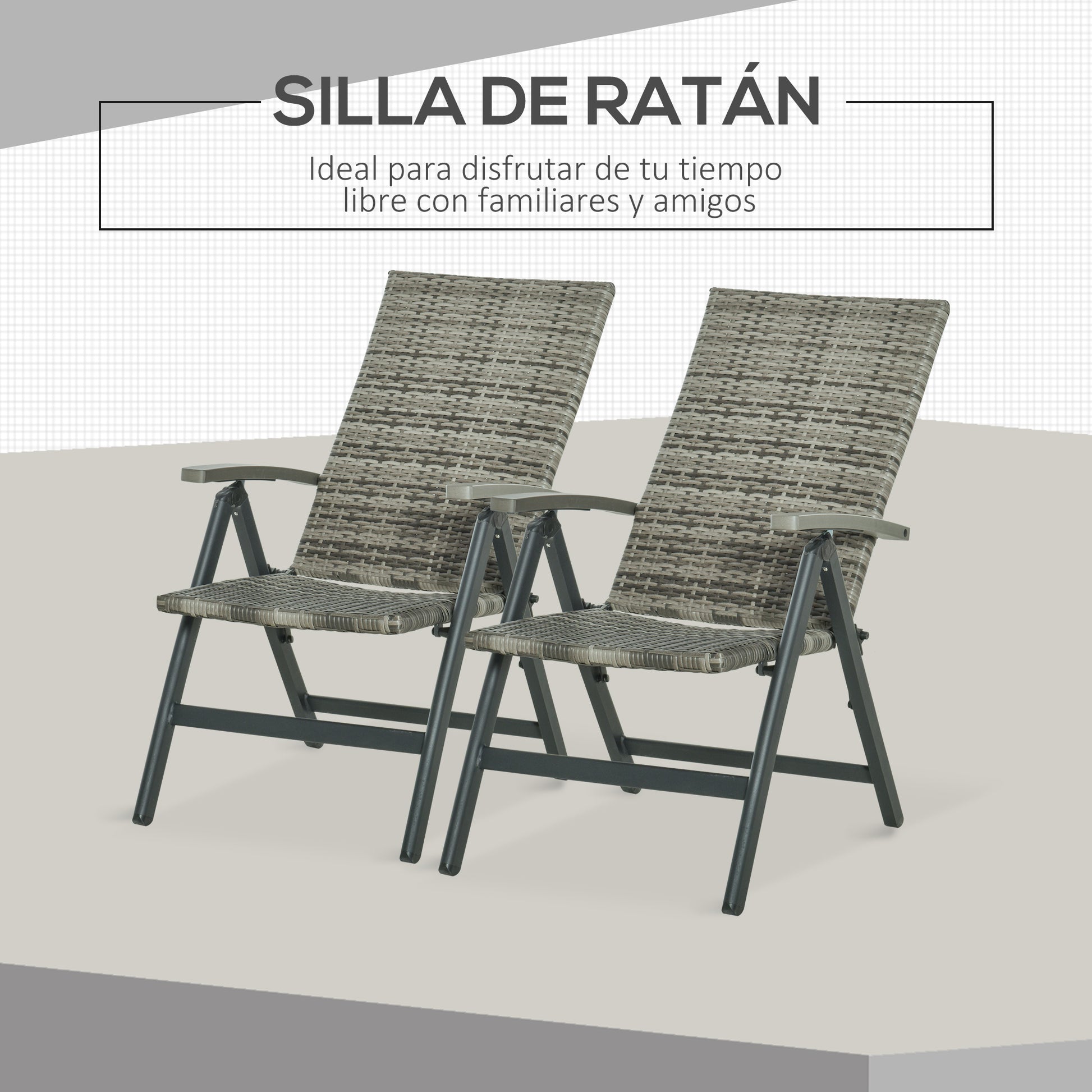 Outsunny Conjunto de 2 Sillas Plegable de Ratán con 5 Posiciones Silla Reclinable de Aluminio para Jardín Balcón Terraza Exterior Carga 160 kg 59x68x107 cm Gris