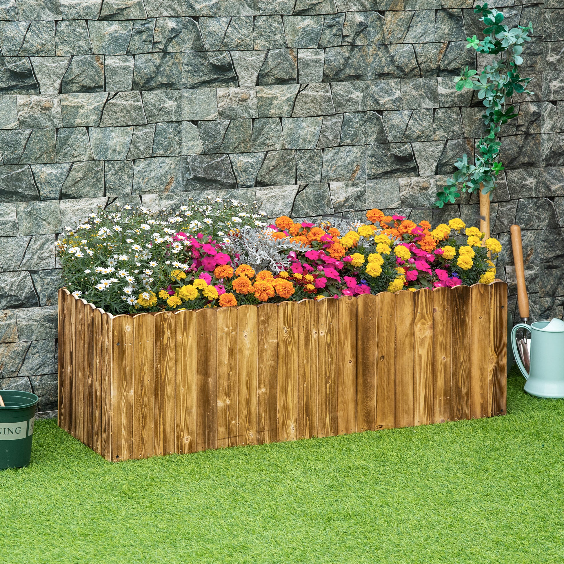 Outsunny Jardinera Exterior Grande de Madera, Huerto Urbano Elevado con Fondo Abierto para Cultivar Plantas, Flores, Hierba, Macetero Exterior Rectangular para Jardín Terraza 120x40x40 cm, Carbonizada