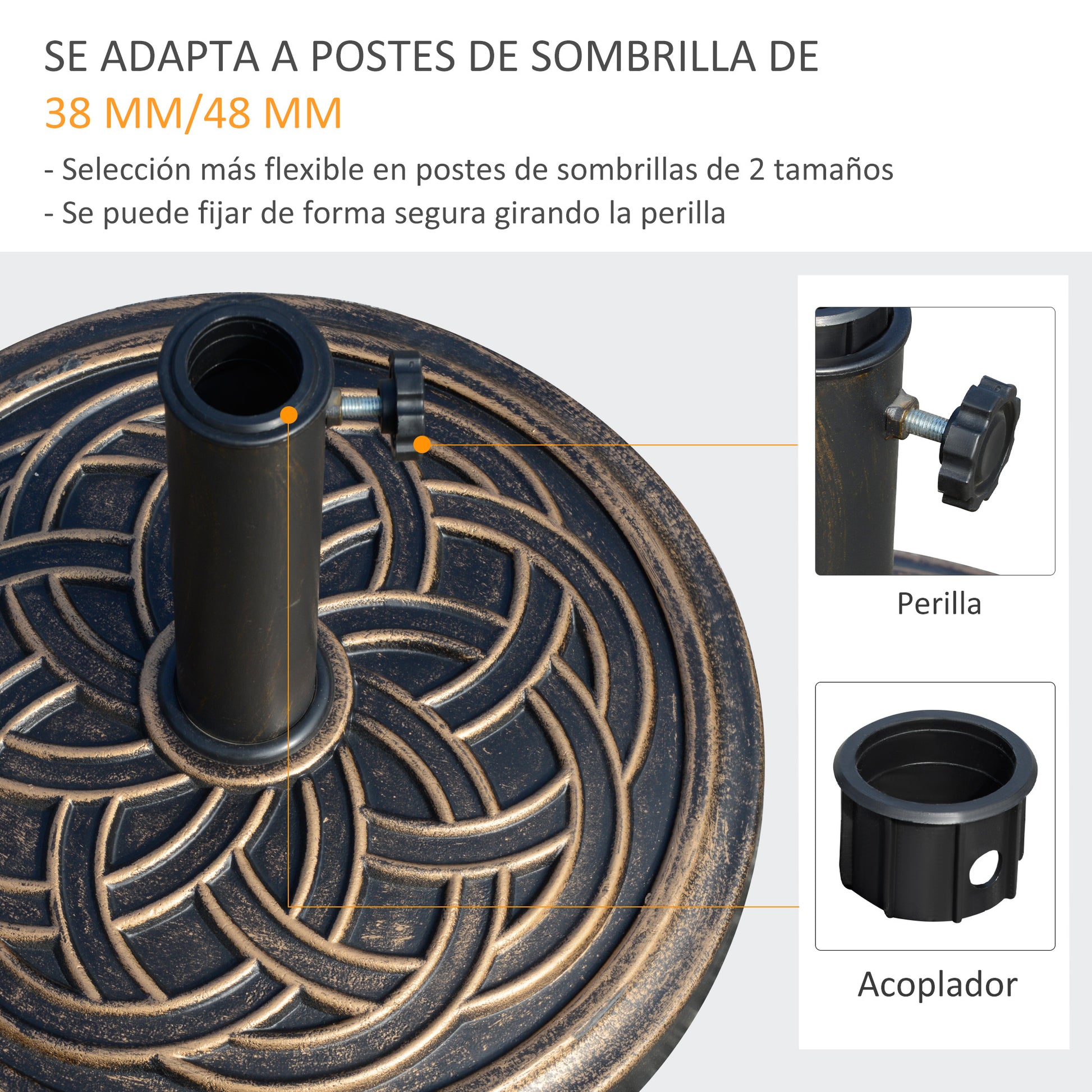 Outsunny Base de Sombrilla de Jardín Peso Neto 12 kg Soporte de Parasol Redondo Apto para Postes de 38mm/48mm Resina y Acero para Terraza Patio Exterior Ø45x33 cm Bronce