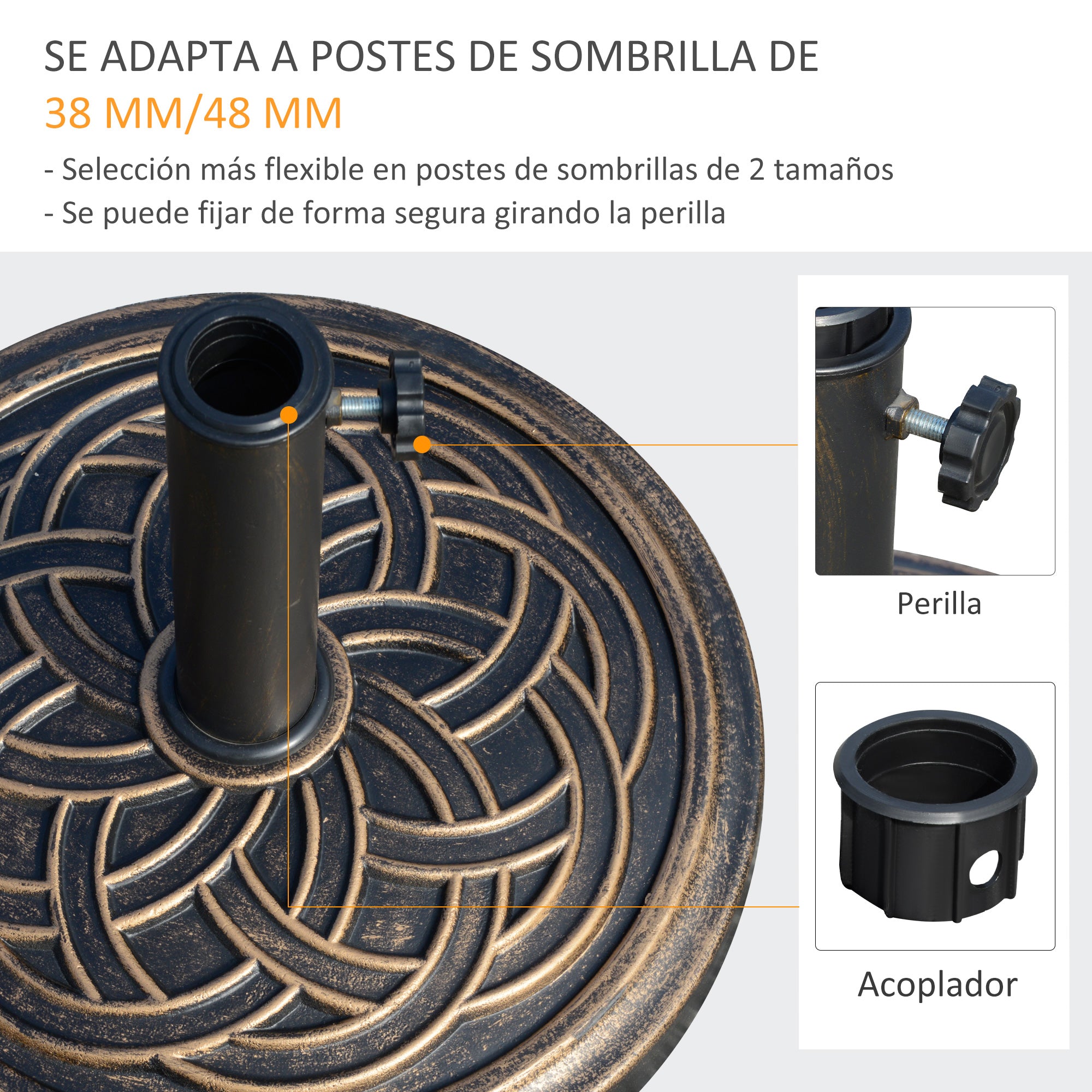Outsunny Base de Sombrilla de Jardín Peso Neto 12 kg Soporte de Parasol Redondo Apto para Postes de 38mm/48mm Resina y Acero para Terraza Patio Exterior Ø45x33 cm Bronce