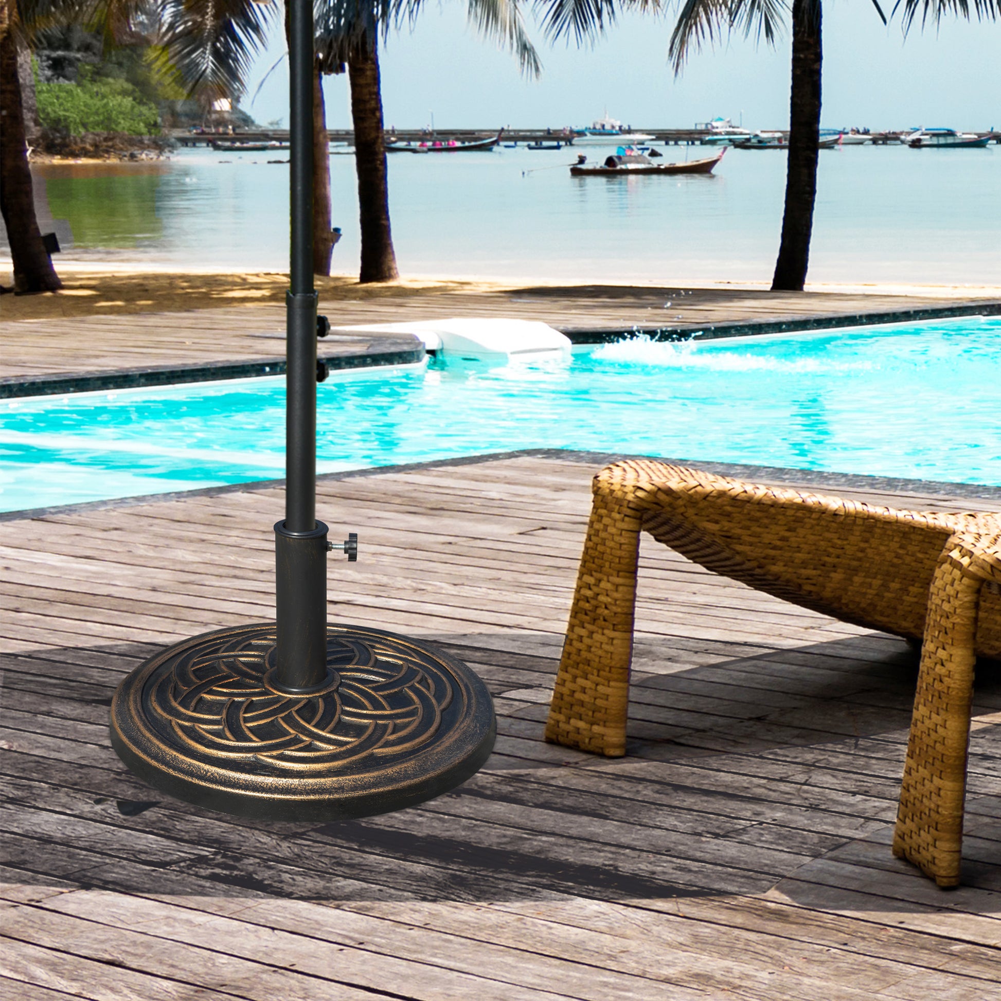 Outsunny Base de Sombrilla de Jardín Peso Neto 12 kg Soporte de Parasol Redondo Apto para Postes de 38mm/48mm Resina y Acero para Terraza Patio Exterior Ø45x33 cm Bronce