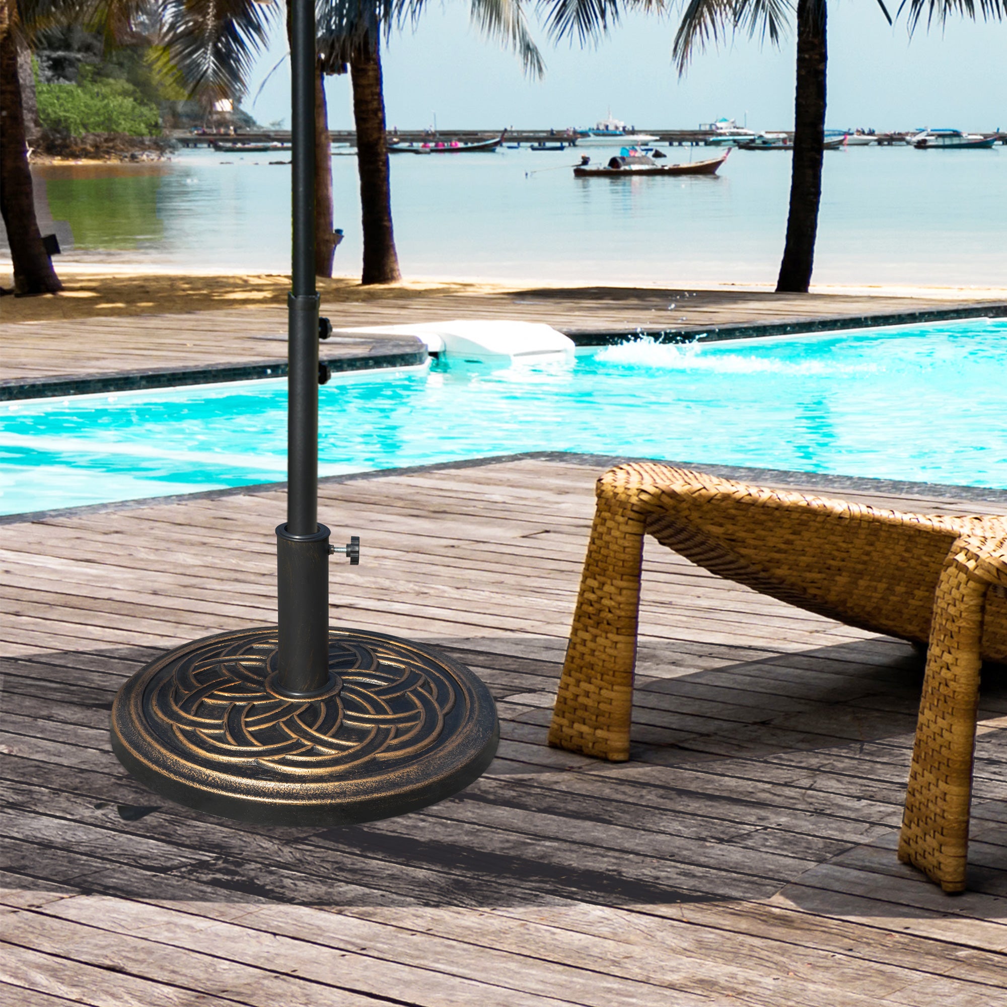 Outsunny Base de Sombrilla de Jardín Peso Neto 12 kg Soporte de Parasol Redondo Apto para Postes de 38mm/48mm Resina y Acero para Terraza Patio Exterior Ø45x33 cm Bronce