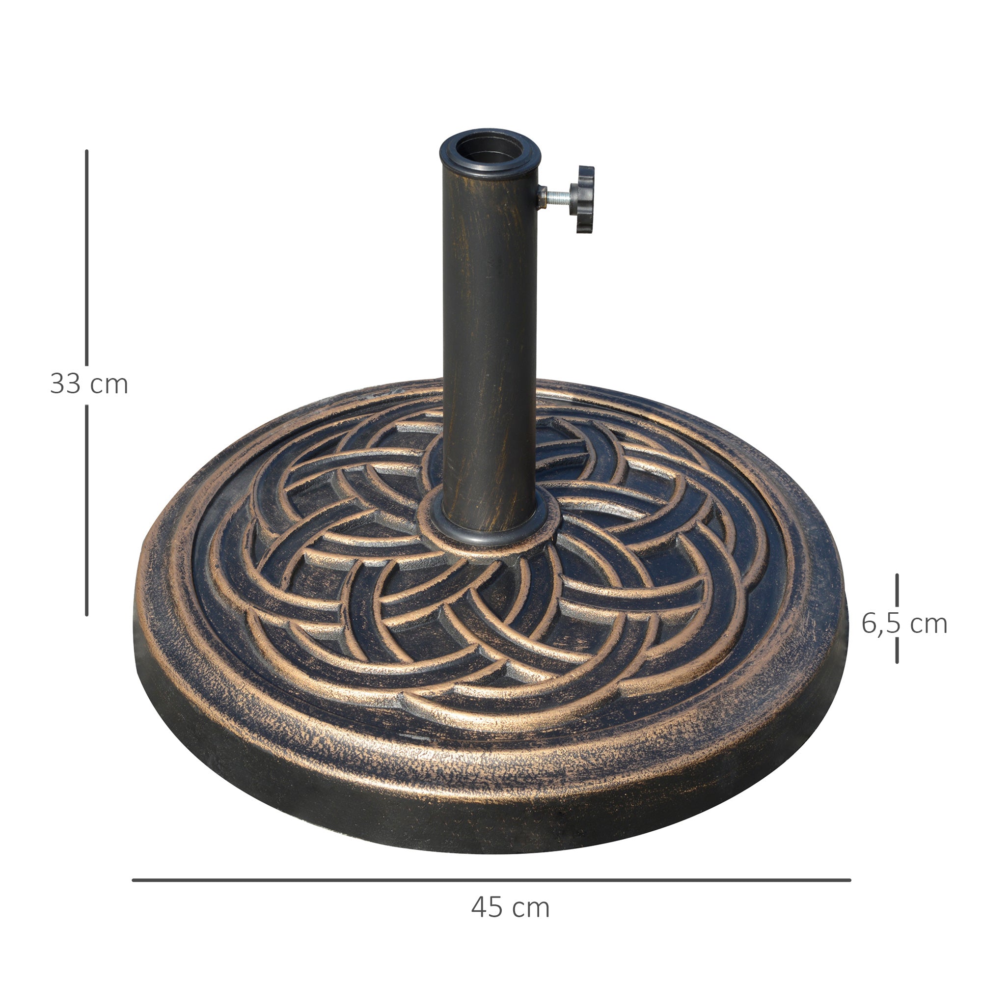 Outsunny Base de Sombrilla de Jardín Peso Neto 12 kg Soporte de Parasol Redondo Apto para Postes de 38mm/48mm Resina y Acero para Terraza Patio Exterior Ø45x33 cm Bronce
