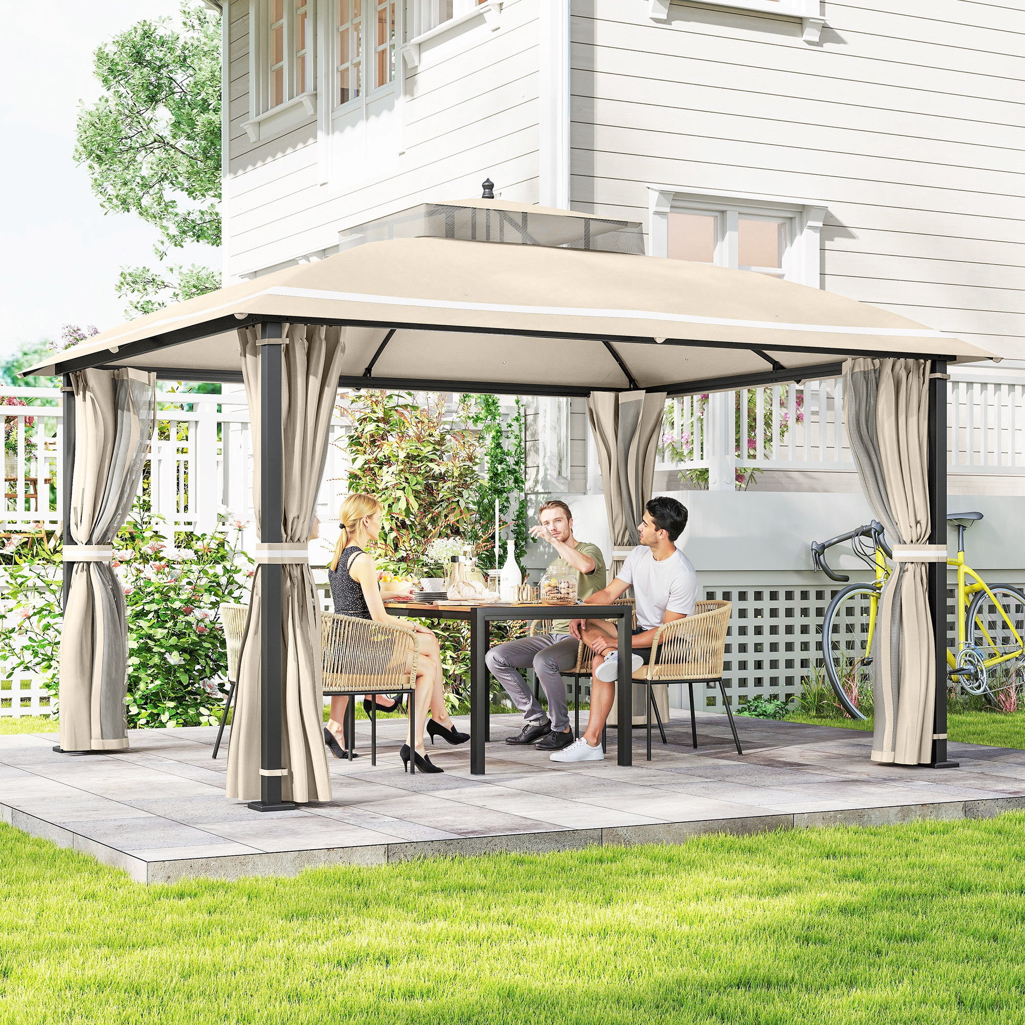 Outsunny Cenador para Jardín 3x3,7 m, Pabellón de Jardín Gazebo con Doble Techo, Paredes Laterales, Mosquiteras, Marco de Metal, Resistente al Agua, Anti-UV, Carpa para Exterior, Terraza, Patio, Beige