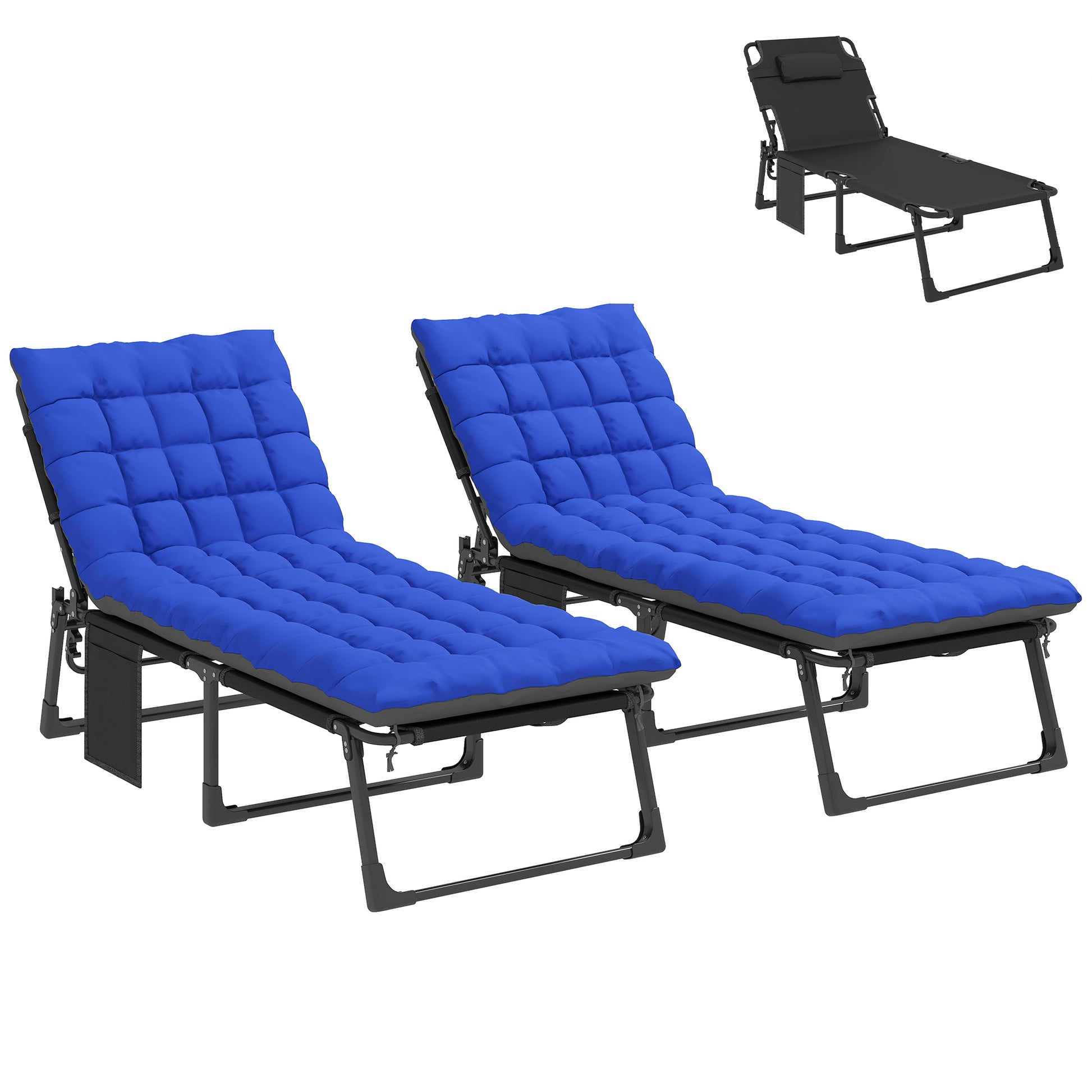 Outsunny Set de 2 Tumbonas Jardín Exterior, Tumbonas Plegables con Cojines, Respaldo Reclinable 5 Posiciones, Asiento Extra Ancho de Textilene, Bolsillo Lateral y Reposacabezas para Playa, Azul