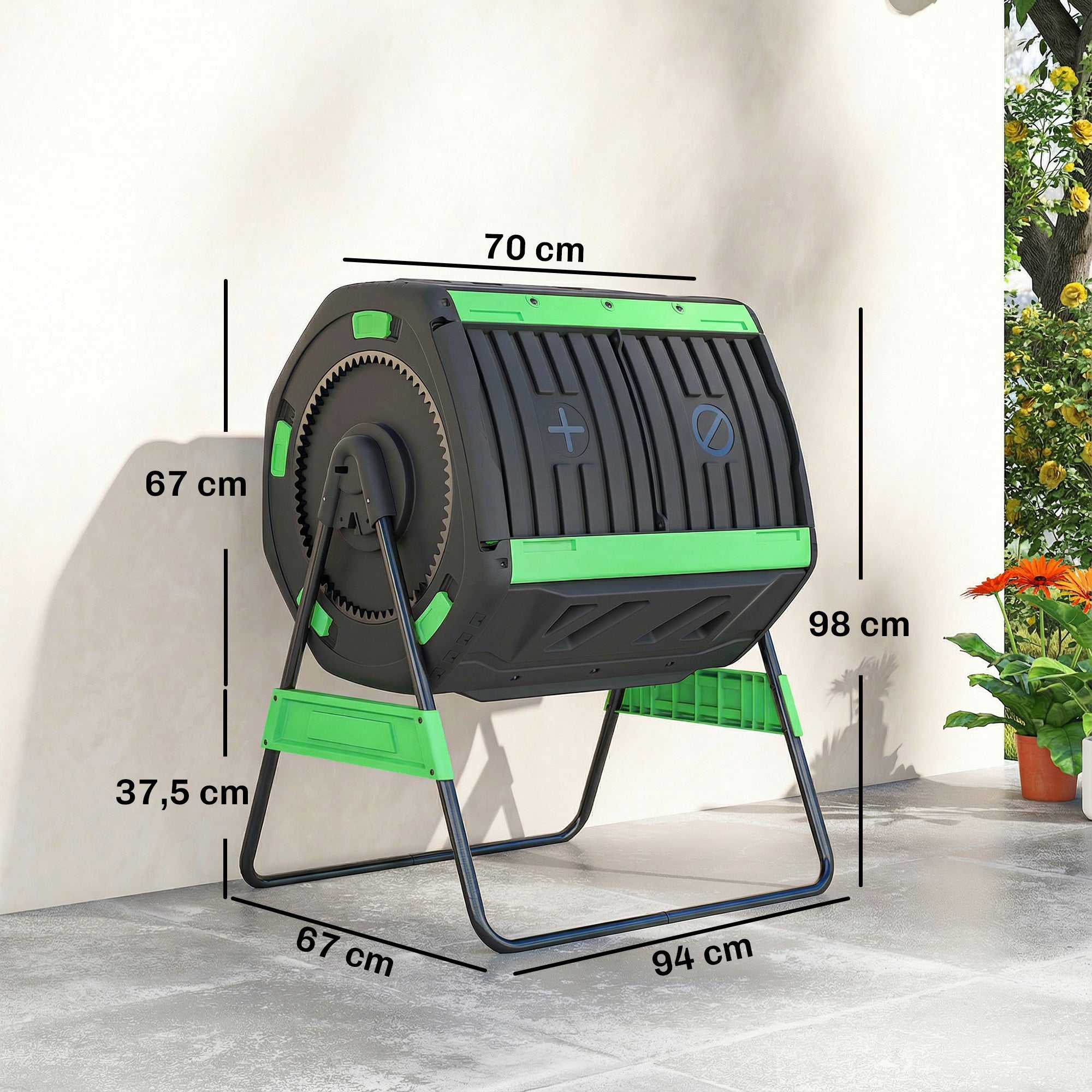 Outsunny Compostador Giratorio de 200L, Contenedor de Compostaje de Jardín de Doble Cámara, Sin BPA, Compostadora con Aberturas de Ventilación, 2 Puertas Deslizantes y Patas de Metal, Verde