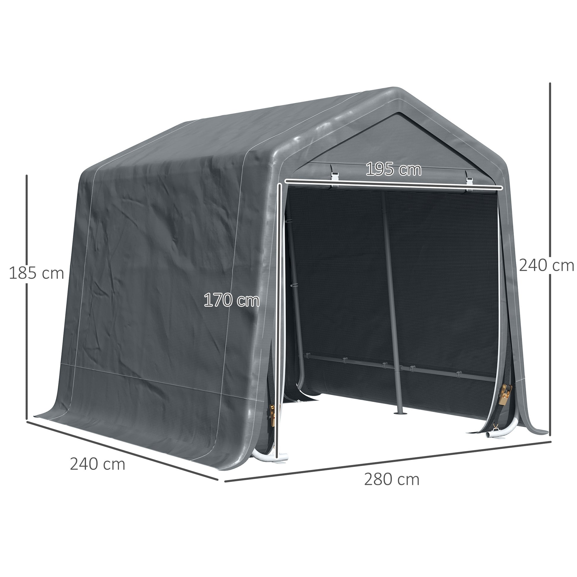 Outsunny Carpa de Jardín Exterior para Herramientas Bicicletas 2,8x2,4x2,4 m Cobertizo Exterior con 2 Puertas con Cremallera Impermeable Anti-UV Carpa para Jardín Gris