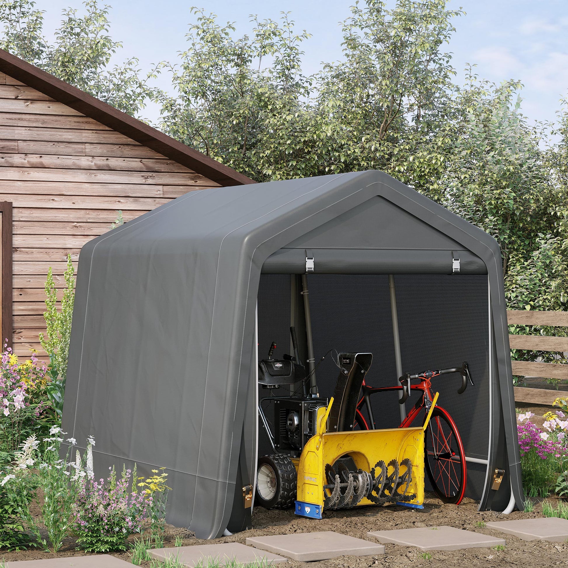 Outsunny Carpa de Jardín Exterior para Herramientas Bicicletas 2,8x2,4x2,4 m Cobertizo Exterior con 2 Puertas con Cremallera Impermeable Anti-UV Carpa para Jardín Gris