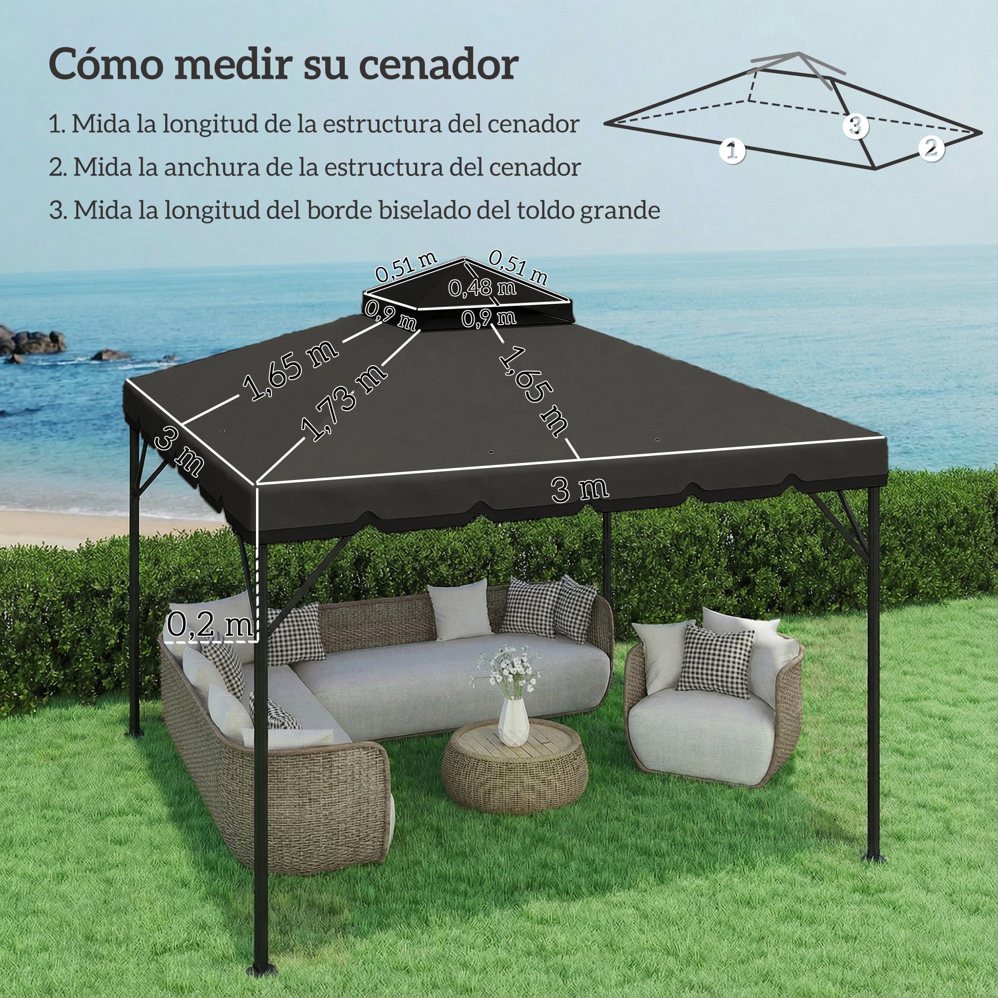 Outsunny Techo de Repuesto para Cenador, 3x3 m, Cubierta de Repuesto con Techo Doble, 8 Orificios de Drenaje y Protección UPF 30+, SOLO Toldo de Recambio para Pabellón Gazebo, Gris Claro