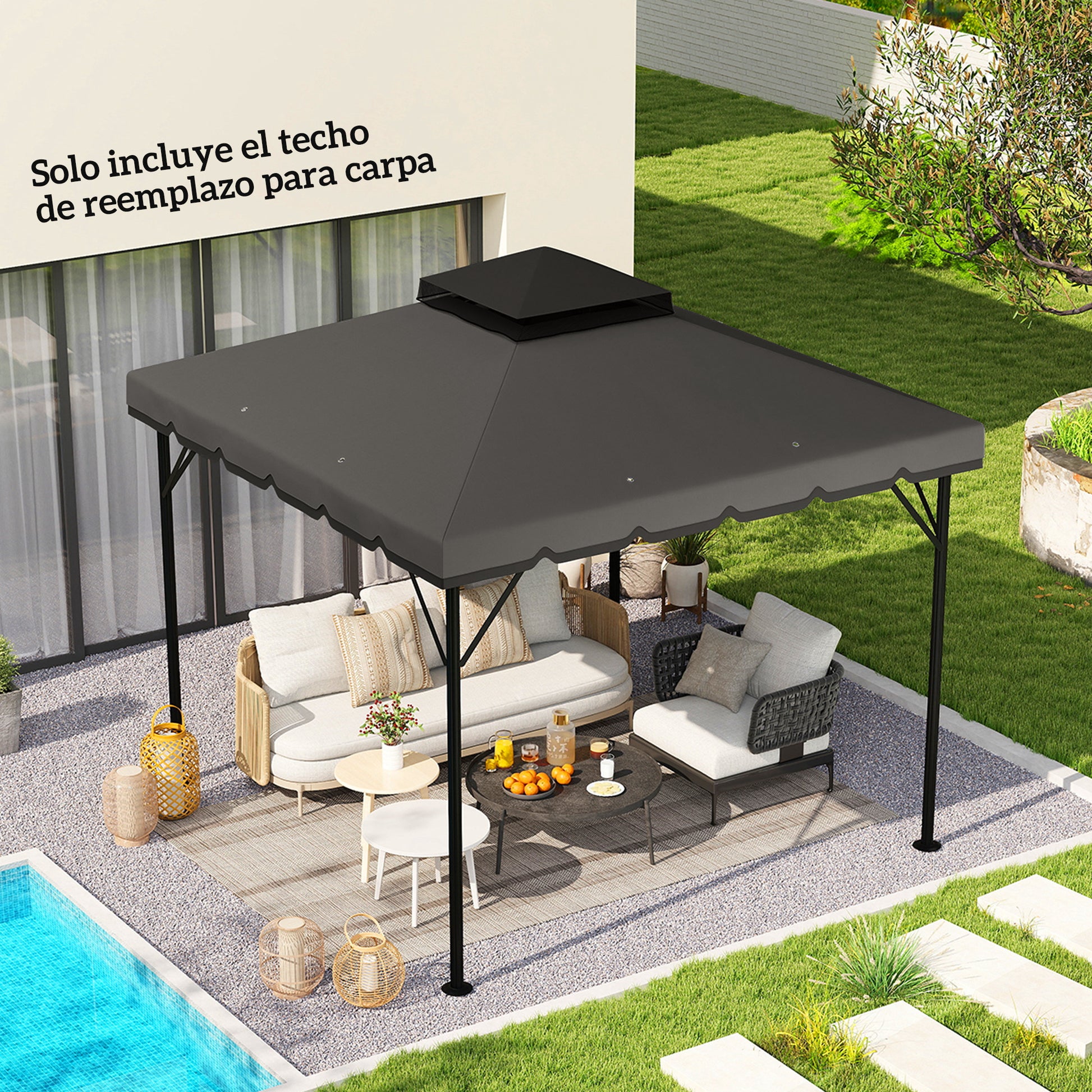 Outsunny Techo de Repuesto para Cenador, 3x3 m, Cubierta de Repuesto con Techo Doble, 8 Orificios de Drenaje y Protección UPF 30+, SOLO Toldo de Recambio para Pabellón Gazebo, Gris Claro