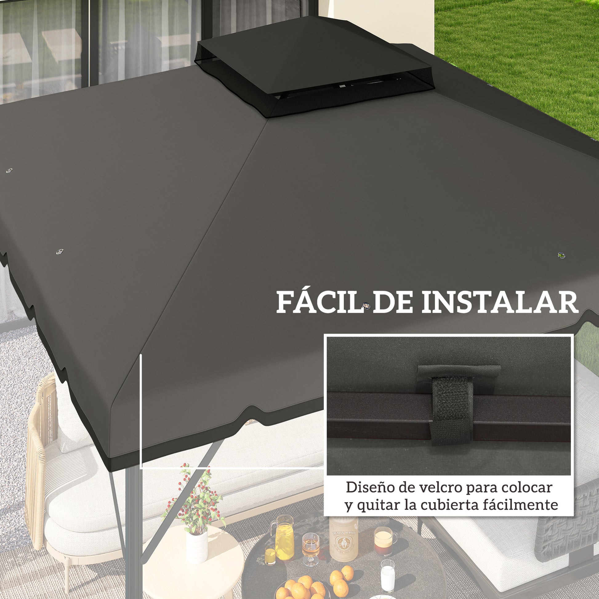 Outsunny Techo de Repuesto para Cenador, 3x3 m, Cubierta de Repuesto con Techo Doble, 8 Orificios de Drenaje y Protección UPF 30+, SOLO Toldo de Recambio para Pabellón Gazebo, Gris Claro