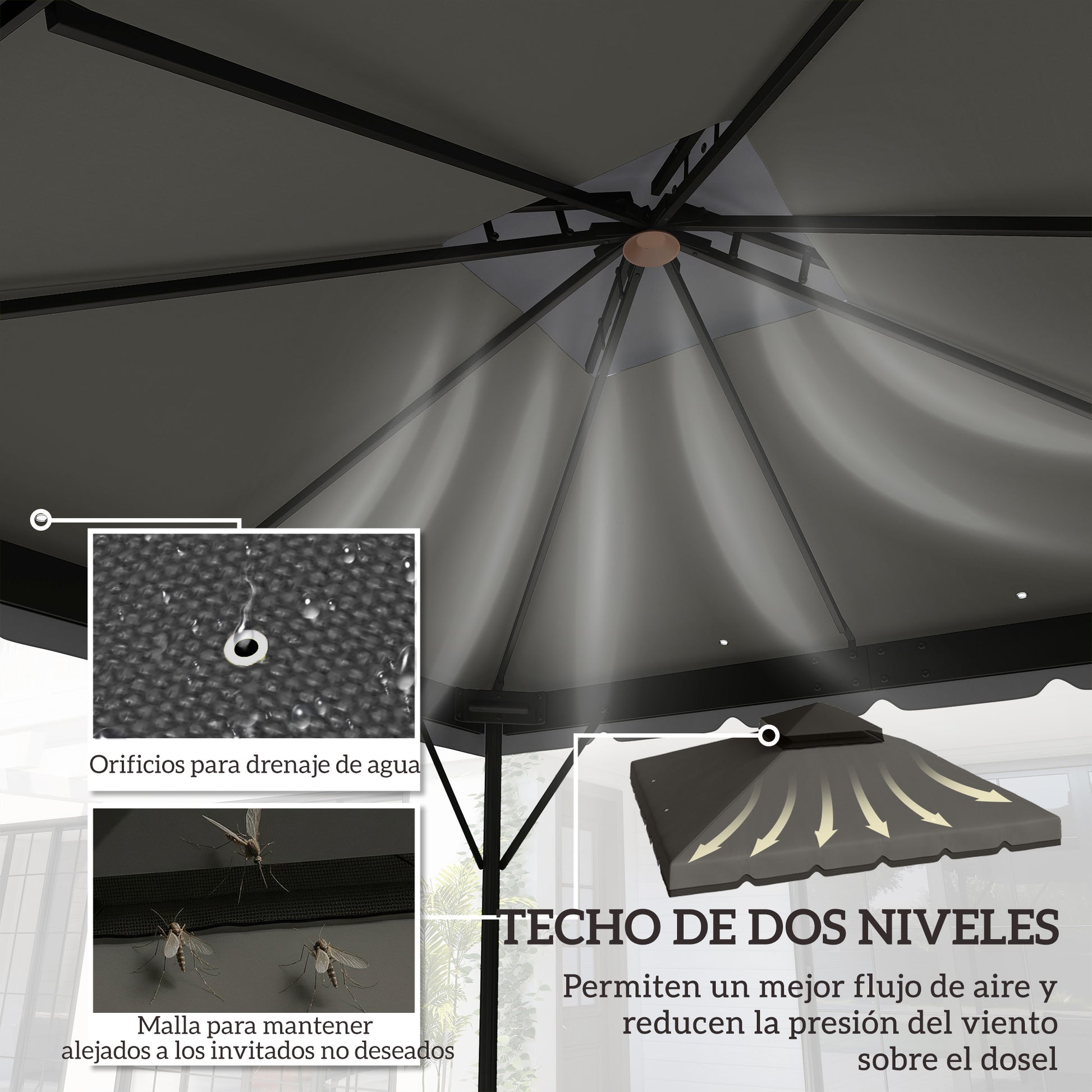 Outsunny Techo de Repuesto para Cenador, 3x3 m, Cubierta de Repuesto con Techo Doble, 8 Orificios de Drenaje y Protección UPF 30+, SOLO Toldo de Recambio para Pabellón Gazebo, Gris Claro
