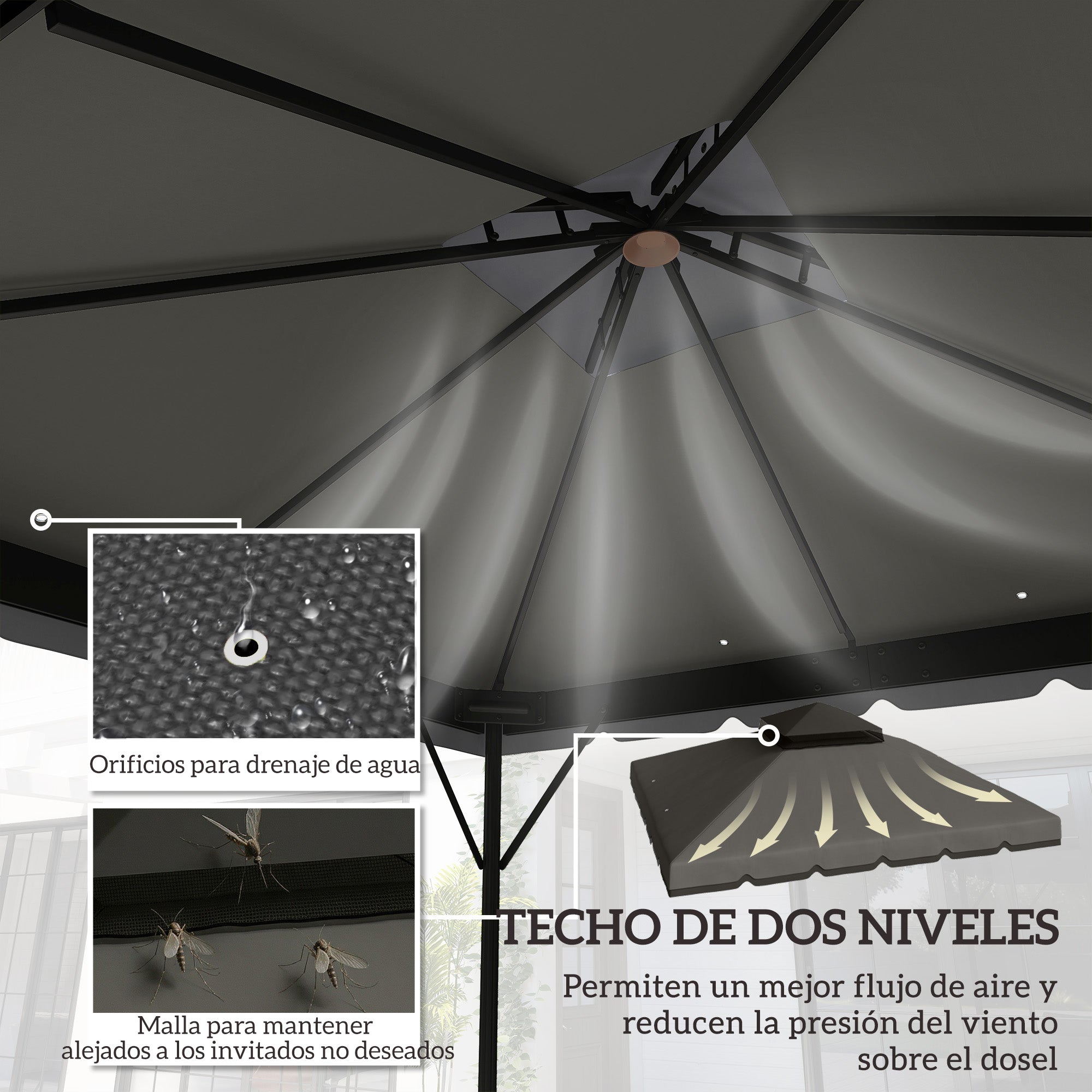 Outsunny Techo de Repuesto para Cenador, 3x3 m, Cubierta de Repuesto con Techo Doble, 8 Orificios de Drenaje y Protección UPF 30+, SOLO Toldo de Recambio para Pabellón Gazebo, Gris Claro