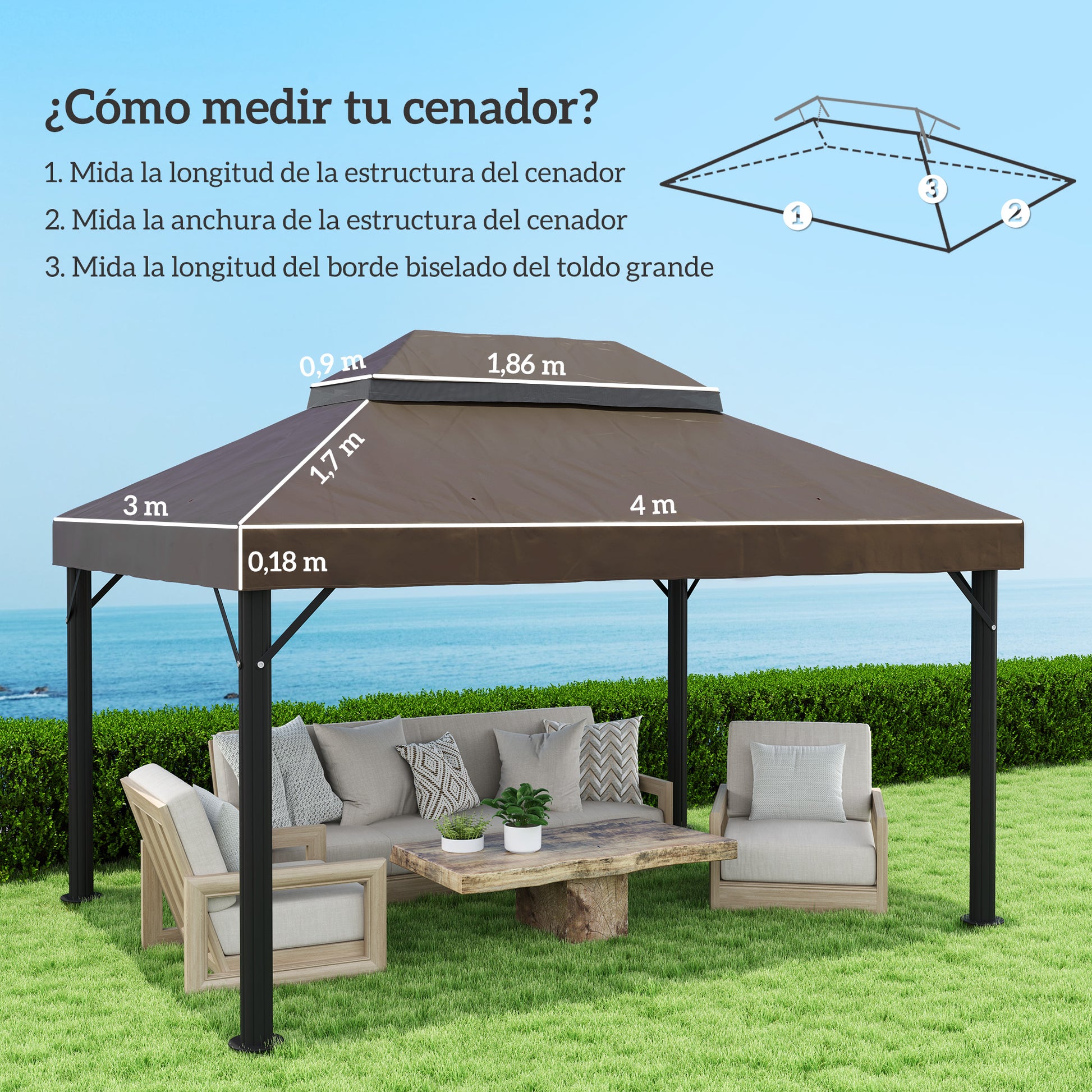 Outsunny Techo de Repuesto para Cenador 4x3 m Cubierta de Repuesto con Techo Doble con Mosquitera Protección UV 30+ Toldo de Recambio para Pabellón Gazebo Café