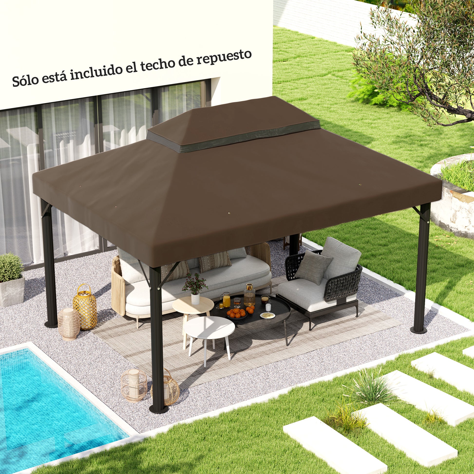 Outsunny Techo de Repuesto para Cenador 4x3 m Cubierta de Repuesto con Techo Doble con Mosquitera Protección UV 30+ Toldo de Recambio para Pabellón Gazebo Café
