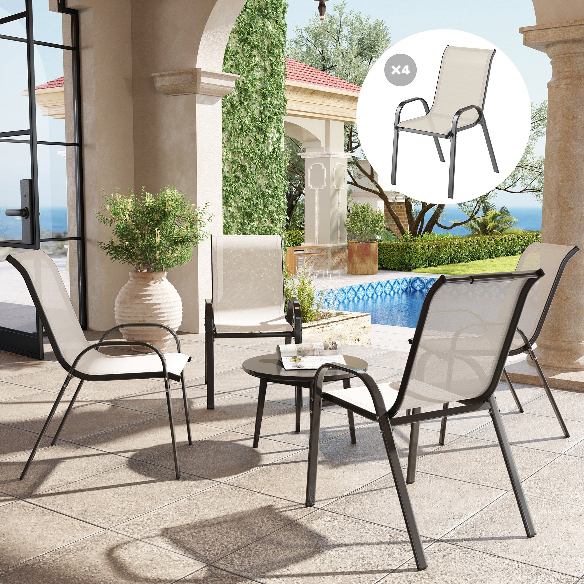 Outsunny Juego de 4 Sillas de Jardín Exterior, Sillas Terraza Exterior Apilables, Sillas de Jardín con Tela Transpirable, Marco de Acero, Reposabrazos y Respaldo, 54x71x93 cm, Beige y Negro