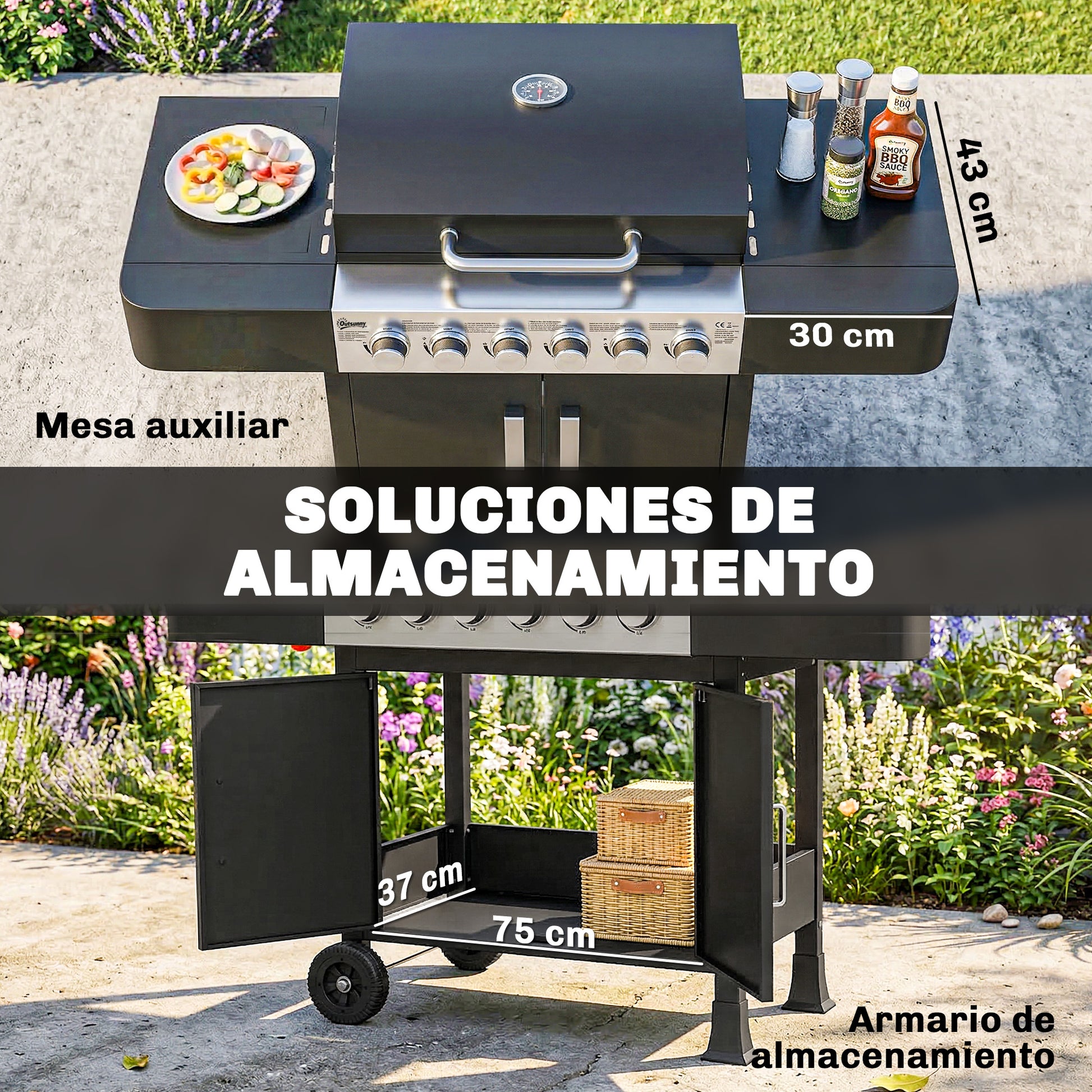 Outsunny Barbacoa de Gas BBQ Gas con 6 Quemadores 15 kW Barbacoa Portátil con Termómetro Tapa 2 Mesas Laterales Armario Rejilla Calentadora Parrilla Recogedor Grasa Asa 2 Ruedas Negro