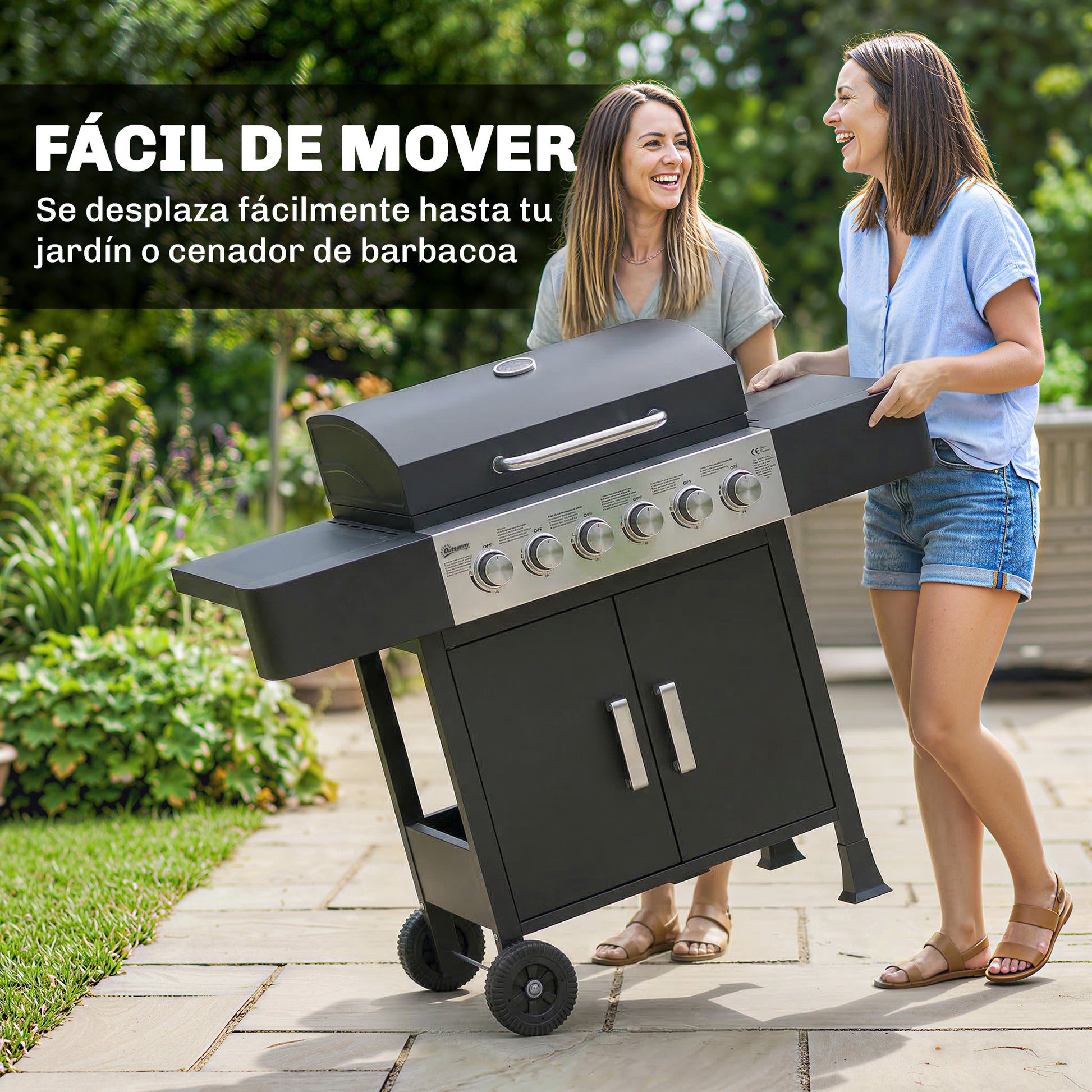 Outsunny Barbacoa de Gas BBQ Gas con 6 Quemadores 15 kW Barbacoa Portátil con Termómetro Tapa 2 Mesas Laterales Armario Rejilla Calentadora Parrilla Recogedor Grasa Asa 2 Ruedas Negro