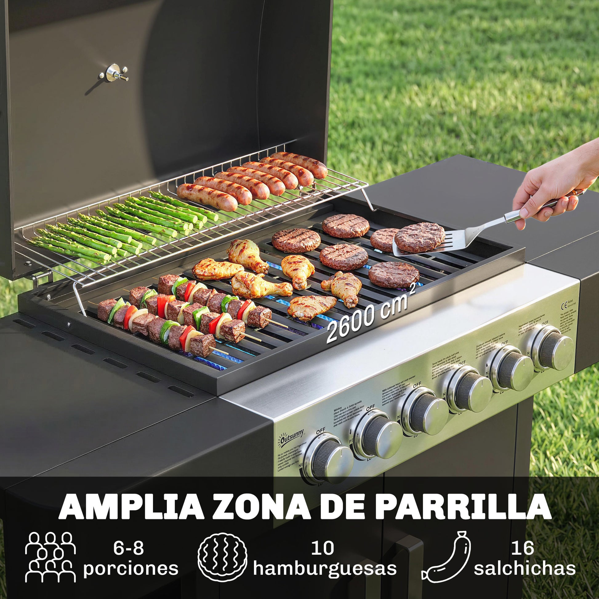Outsunny Barbacoa de Gas BBQ Gas con 6 Quemadores 15 kW Barbacoa Portátil con Termómetro Tapa 2 Mesas Laterales Armario Rejilla Calentadora Parrilla Recogedor Grasa Asa 2 Ruedas Negro