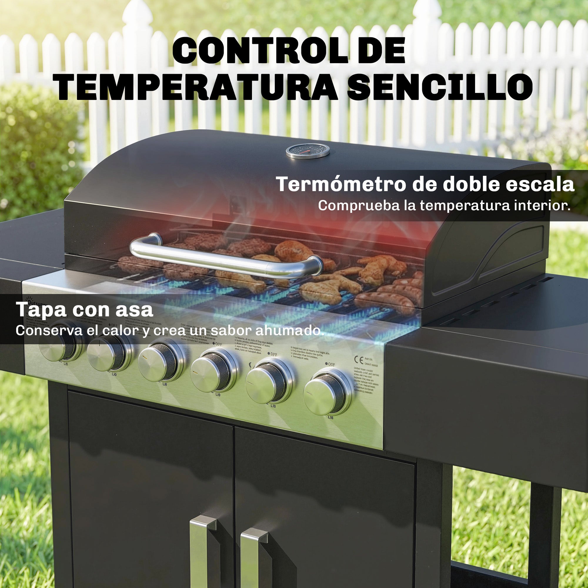 Outsunny Barbacoa de Gas BBQ Gas con 6 Quemadores 15 kW Barbacoa Portátil con Termómetro Tapa 2 Mesas Laterales Armario Rejilla Calentadora Parrilla Recogedor Grasa Asa 2 Ruedas Negro