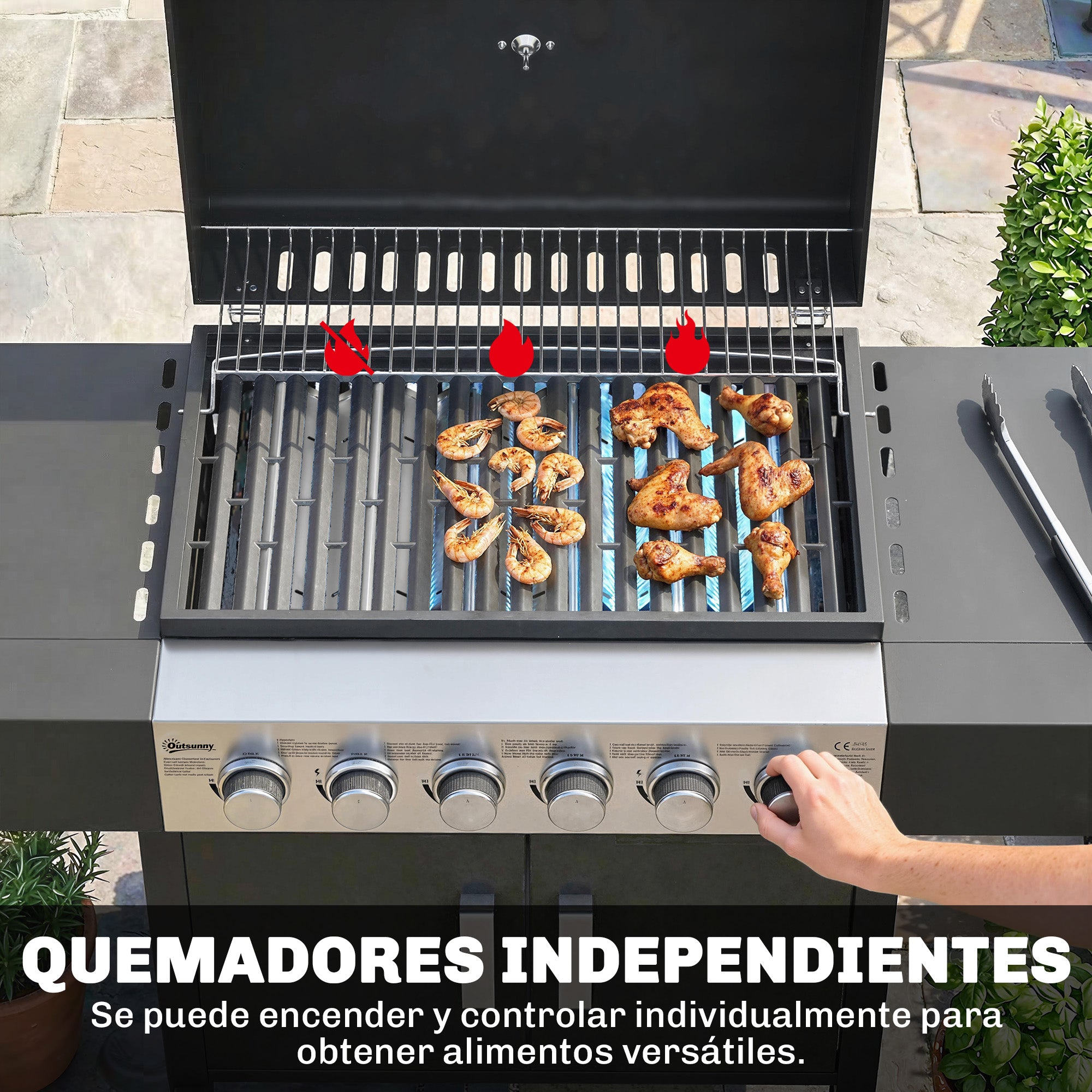 Outsunny Barbacoa de Gas BBQ Gas con 6 Quemadores 15 kW Barbacoa Portátil con Termómetro Tapa 2 Mesas Laterales Armario Rejilla Calentadora Parrilla Recogedor Grasa Asa 2 Ruedas Negro