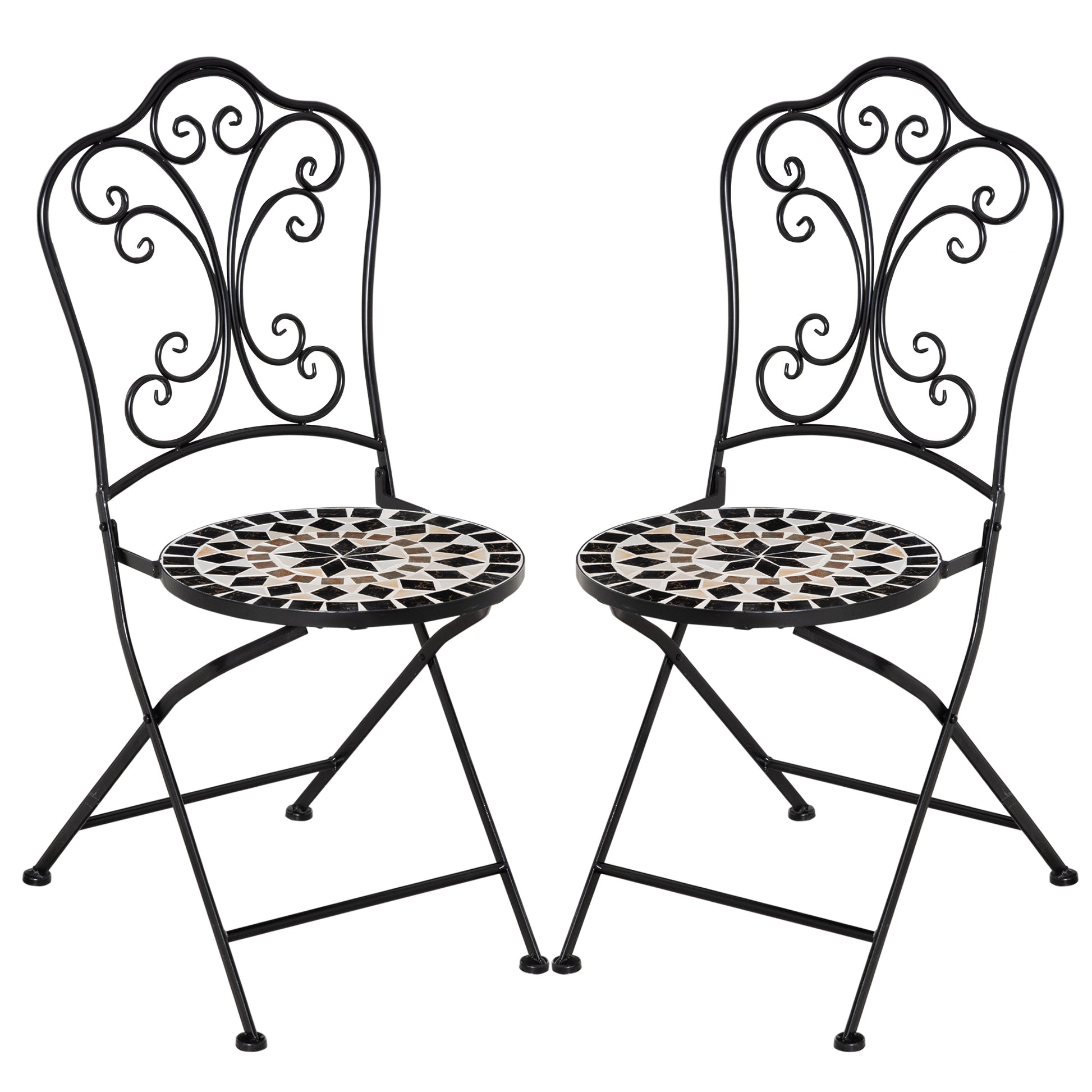 Outsunny Set de 2 Sillas de Jardín Plegables con Asiento de Mosaico Cerámico y Marco de Metal Carga 120 kg para Bistró Terraza Patio Exterior 40x50x92 cm Negro