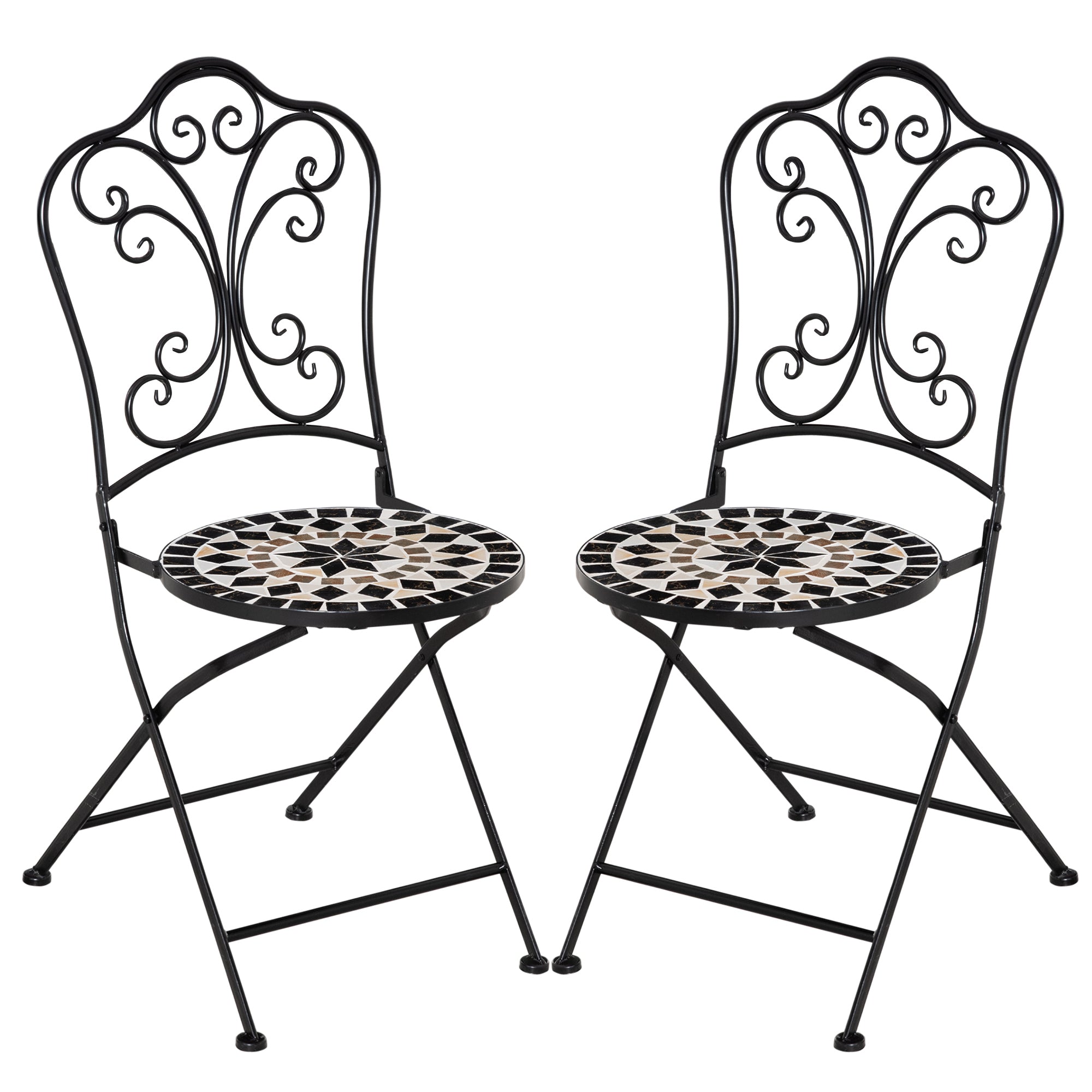 Outsunny Set de 2 Sillas de Jardín Plegables con Asiento de Mosaico Cerámico y Marco de Metal Carga 120 kg para Bistró Terraza Patio Exterior 40x50x92 cm Negro