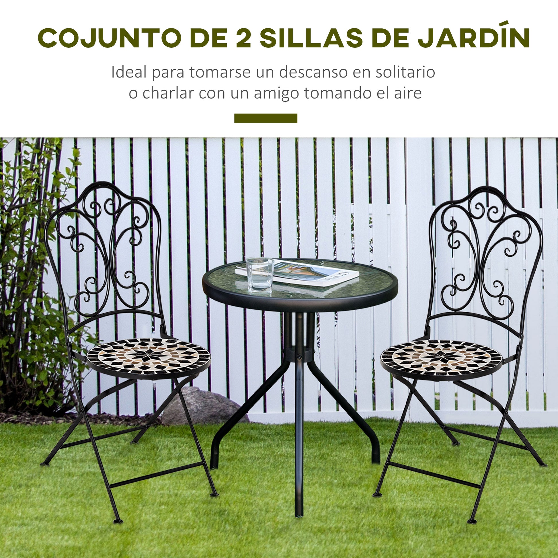 Outsunny Set de 2 Sillas de Jardín Plegables con Asiento de Mosaico Cerámico y Marco de Metal Carga 120 kg para Bistró Terraza Patio Exterior 40x50x92 cm Negro