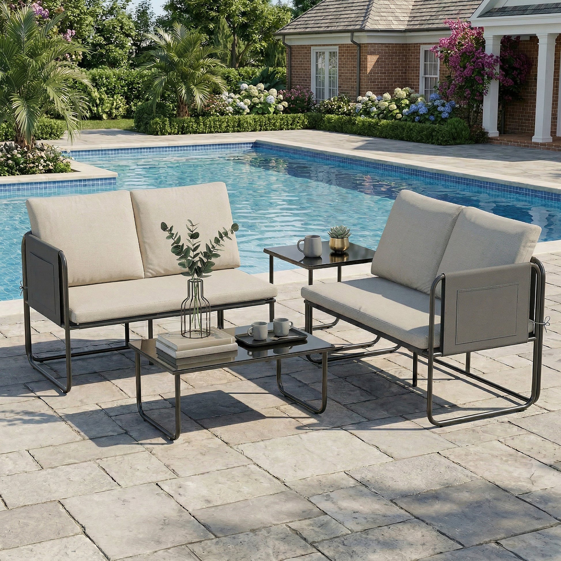 Outsunny Conjunto Jardín Exterior de 4 Piezas, Muebles Jardín Exterior con 2 Sofás 2 Plazas, 2 Mesas de Vidrio, Cojines, Fundas Extraíbles, Bolsillos, Tela Textilene Transpirable, Marco Acero, Caqui