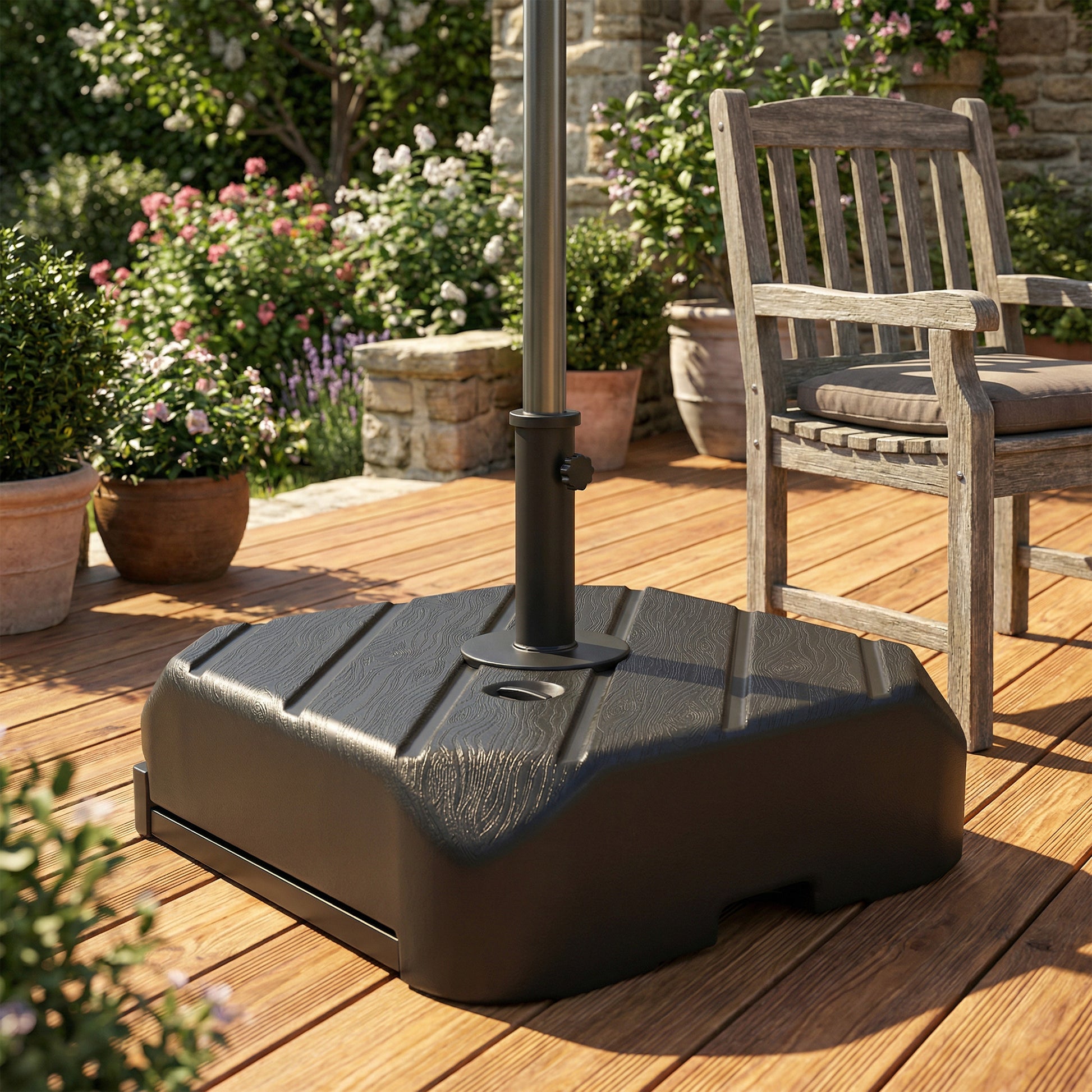 Outsunny Base para Sombrilla con Ruedas, Soporte de Parasol de HDPE, Pie para Sombrilla con Postes Ø38 mm, Ø48 mm, Rellenable de Arena 72 kg o Agua 45 Litros, con Asa Telescópica, para Jardín, Patio, Terraza, Negro