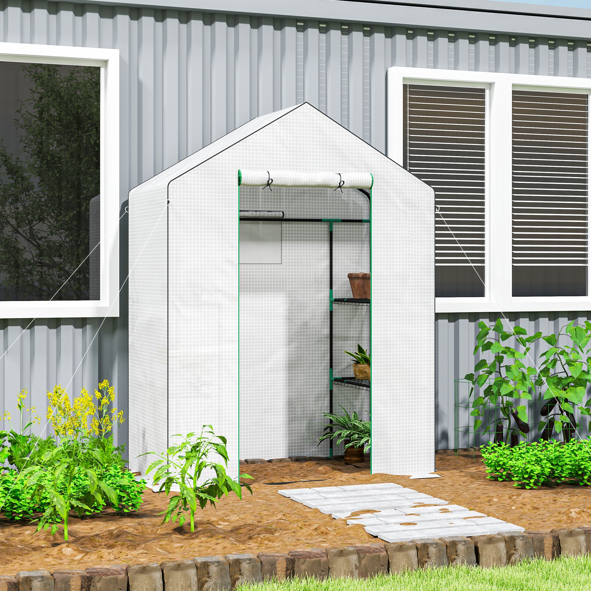 Outsunny Invernadero de Exterior de 3 Niveles Invernadero de Jardín con Puerta Enrollable 2 Ventanas Estantes en Forma de U para Cultivo de Plantas en Terraza Patio 140x73x190 cm Blanco