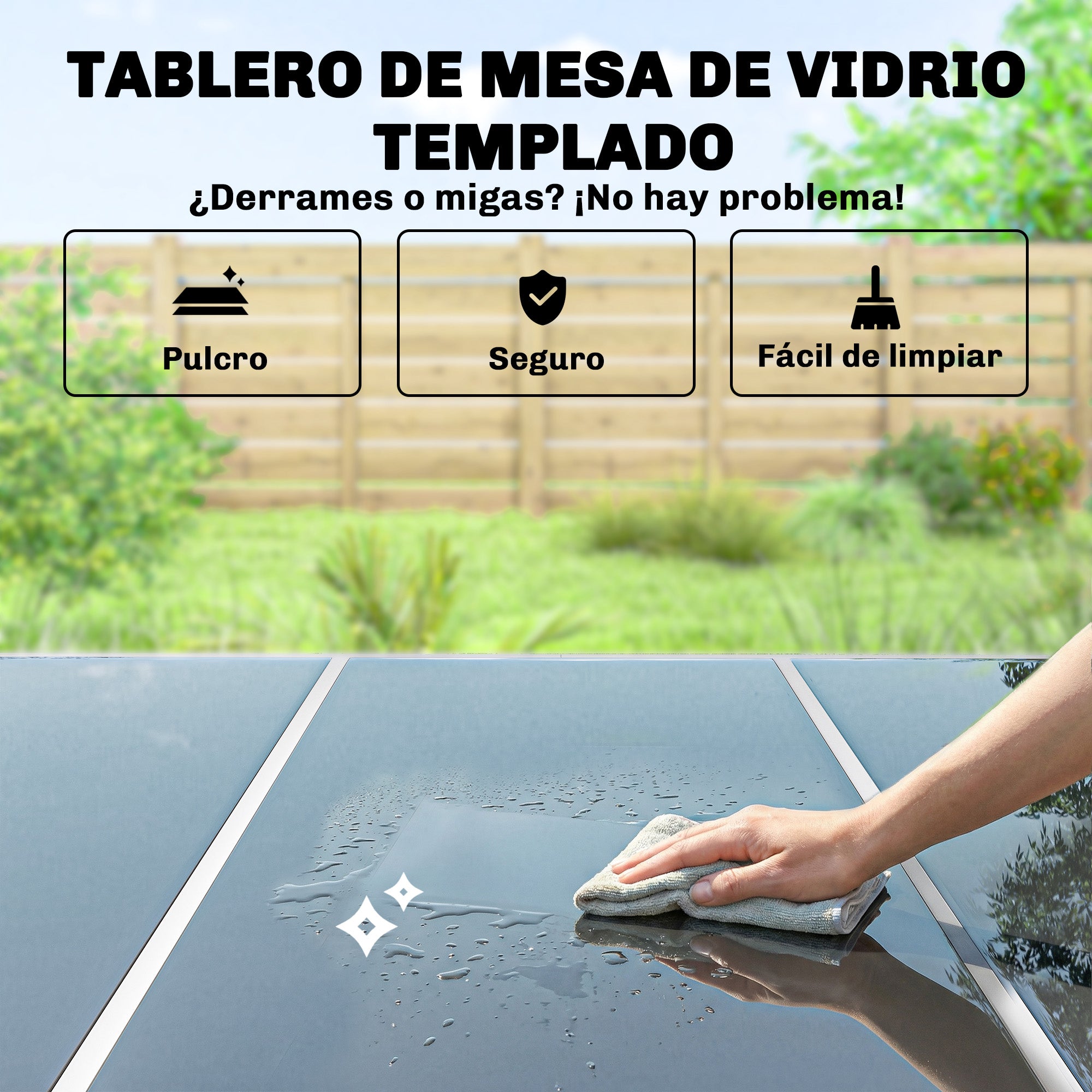 Outsunny Conjunto de Mesa y Sillas Jardín de 7 Piezas, Muebles Jardín Exterior con Mesa de Vidrio Templado, 6 Sillas Apilables Transpirables, Marco de Metal Resistente a la Intemperie, Blanco y Gris