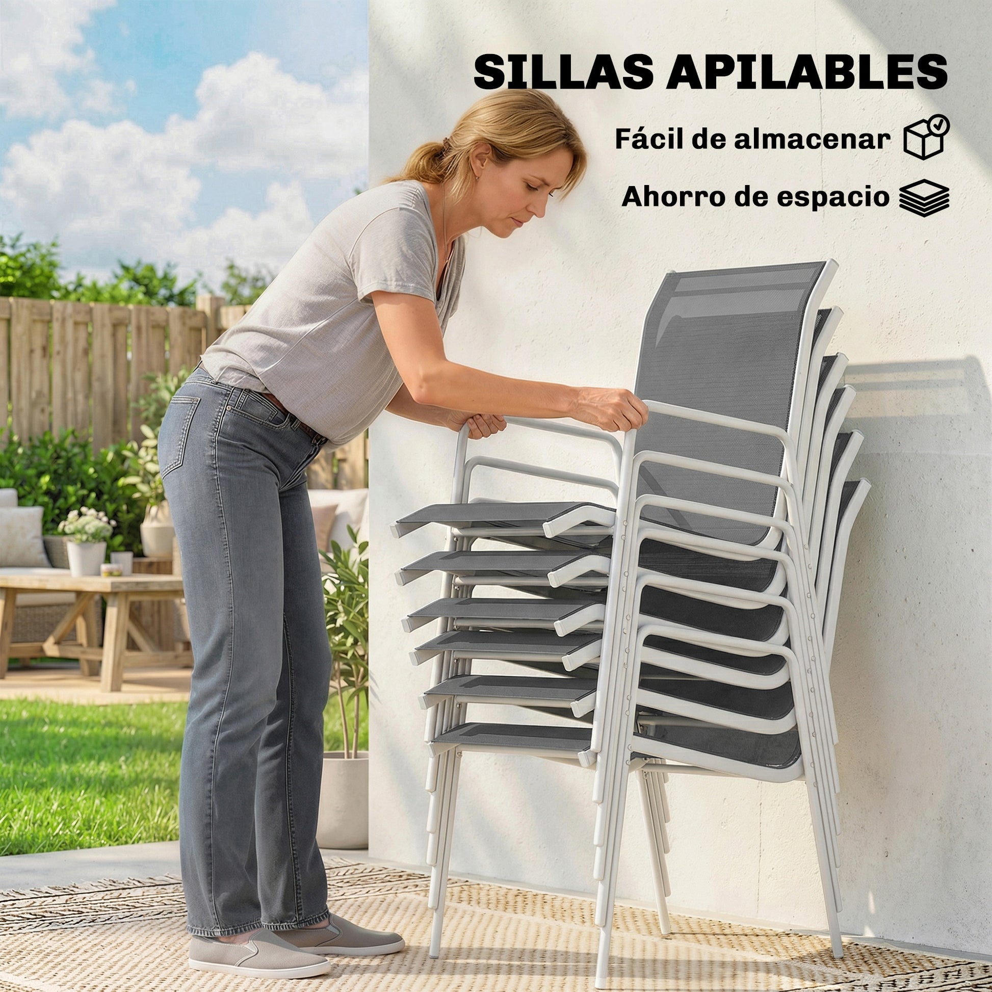 Outsunny Conjunto de Mesa y Sillas Jardín de 7 Piezas, Muebles Jardín Exterior con Mesa de Vidrio Templado, 6 Sillas Apilables Transpirables, Marco de Metal Resistente a la Intemperie, Blanco y Gris