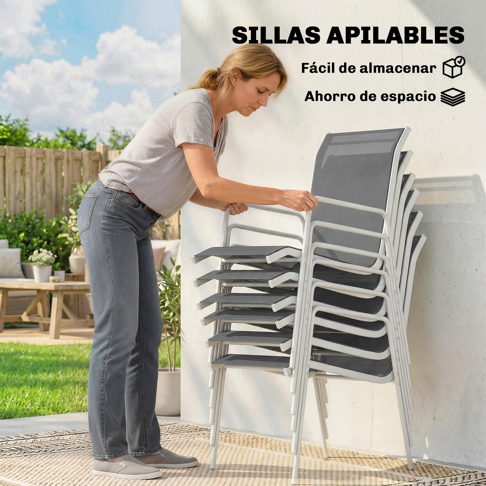 Outsunny Conjunto de Mesa y Sillas Jardín de 7 Piezas, Muebles Jardín Exterior con Mesa de Vidrio Templado, 6 Sillas Apilables Transpirables, Marco de Metal Resistente a la Intemperie, Blanco y Gris