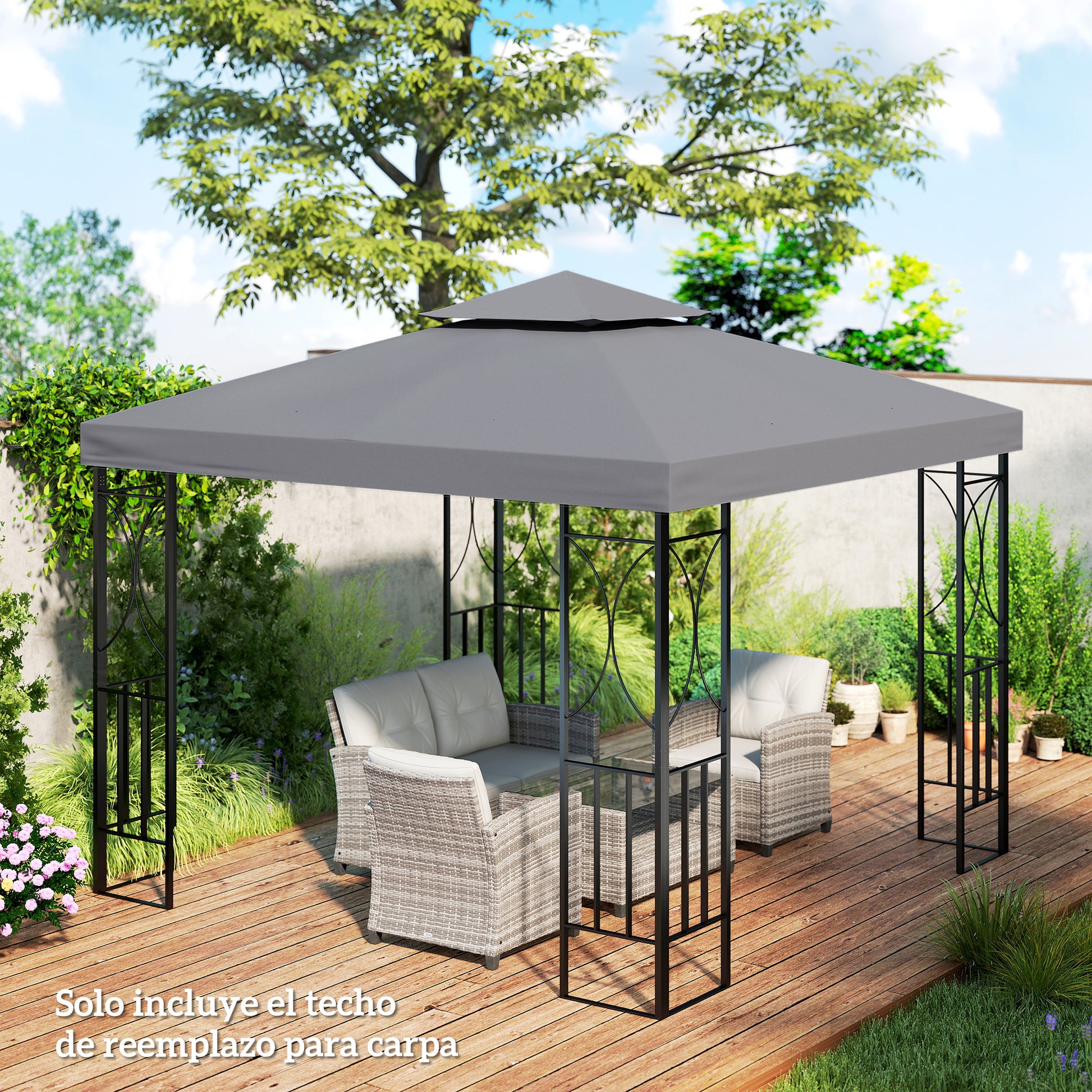 Outsunny Techo de Repuesto para Cenador, 3x3 m, Cubierta de Repuesto con Techo Doble, 8 Orificios de Drenaje y Protección UV, SOLO Toldo de Recambio para Pabellón Gazebo, Gris Oscuro