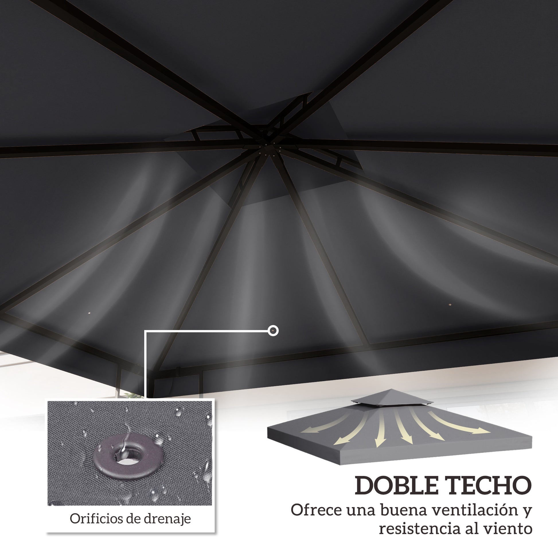 Outsunny Techo de Repuesto para Cenador, 3x3 m, Cubierta de Repuesto con Techo Doble, 8 Orificios de Drenaje y Protección UV, SOLO Toldo de Recambio para Pabellón Gazebo, Gris Oscuro
