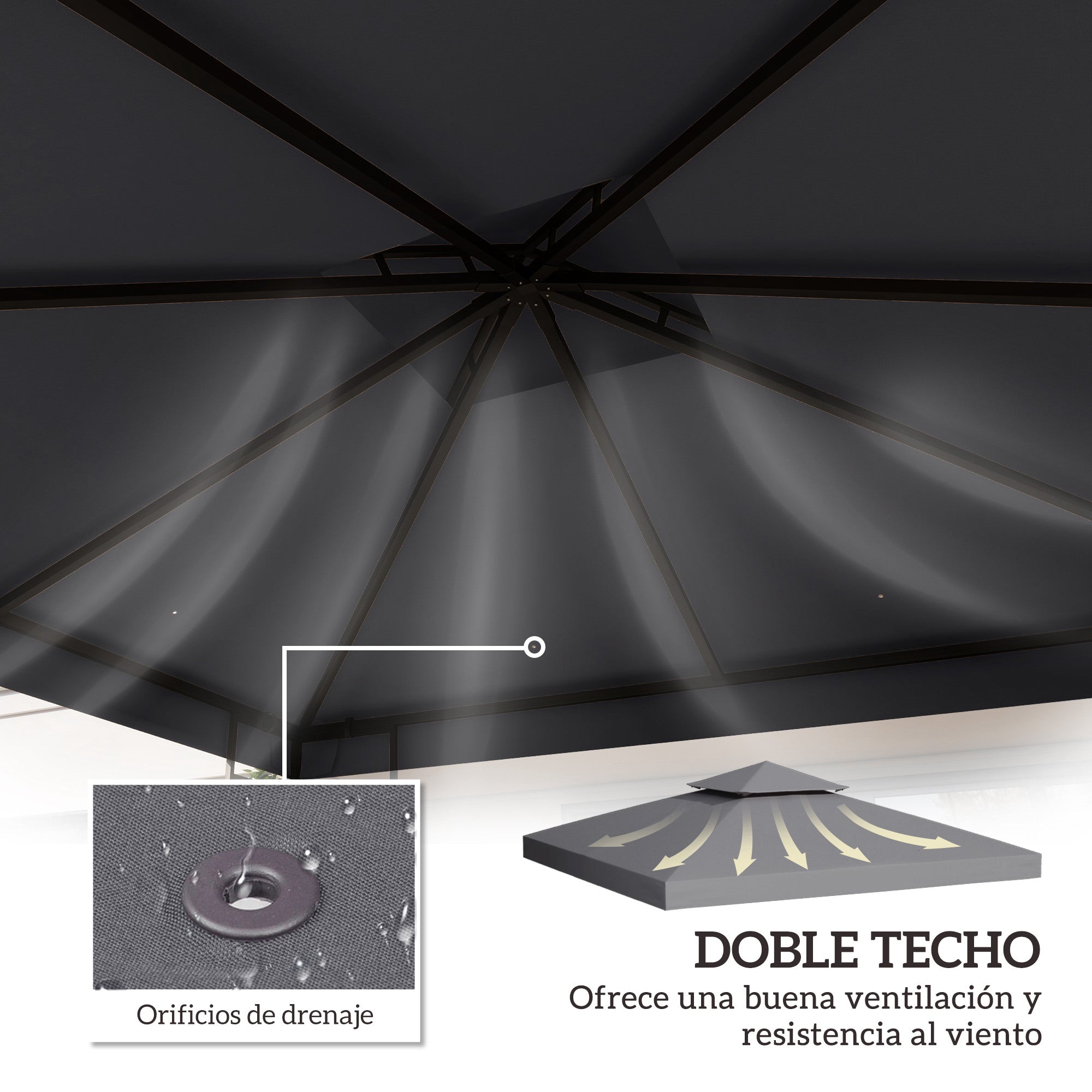Outsunny Techo de Repuesto para Cenador, 3x3 m, Cubierta de Repuesto con Techo Doble, 8 Orificios de Drenaje y Protección UV, SOLO Toldo de Recambio para Pabellón Gazebo, Gris Oscuro