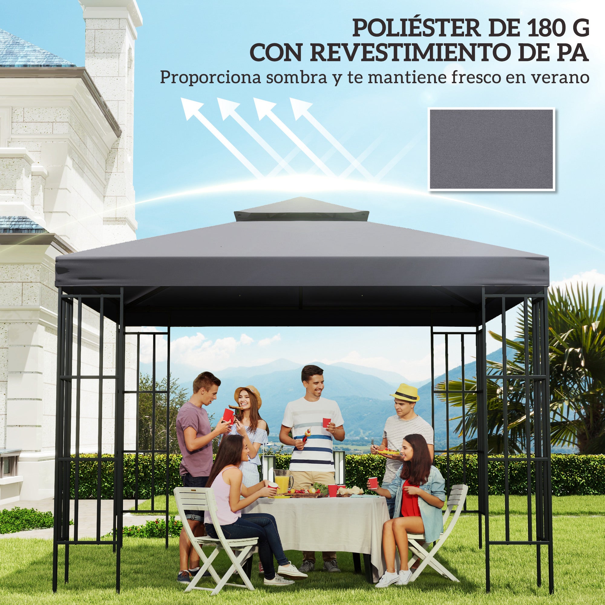 Outsunny Techo de Repuesto para Cenador, 3x3 m, Cubierta de Repuesto con Techo Doble, 8 Orificios de Drenaje y Protección UV, SOLO Toldo de Recambio para Pabellón Gazebo, Gris Oscuro