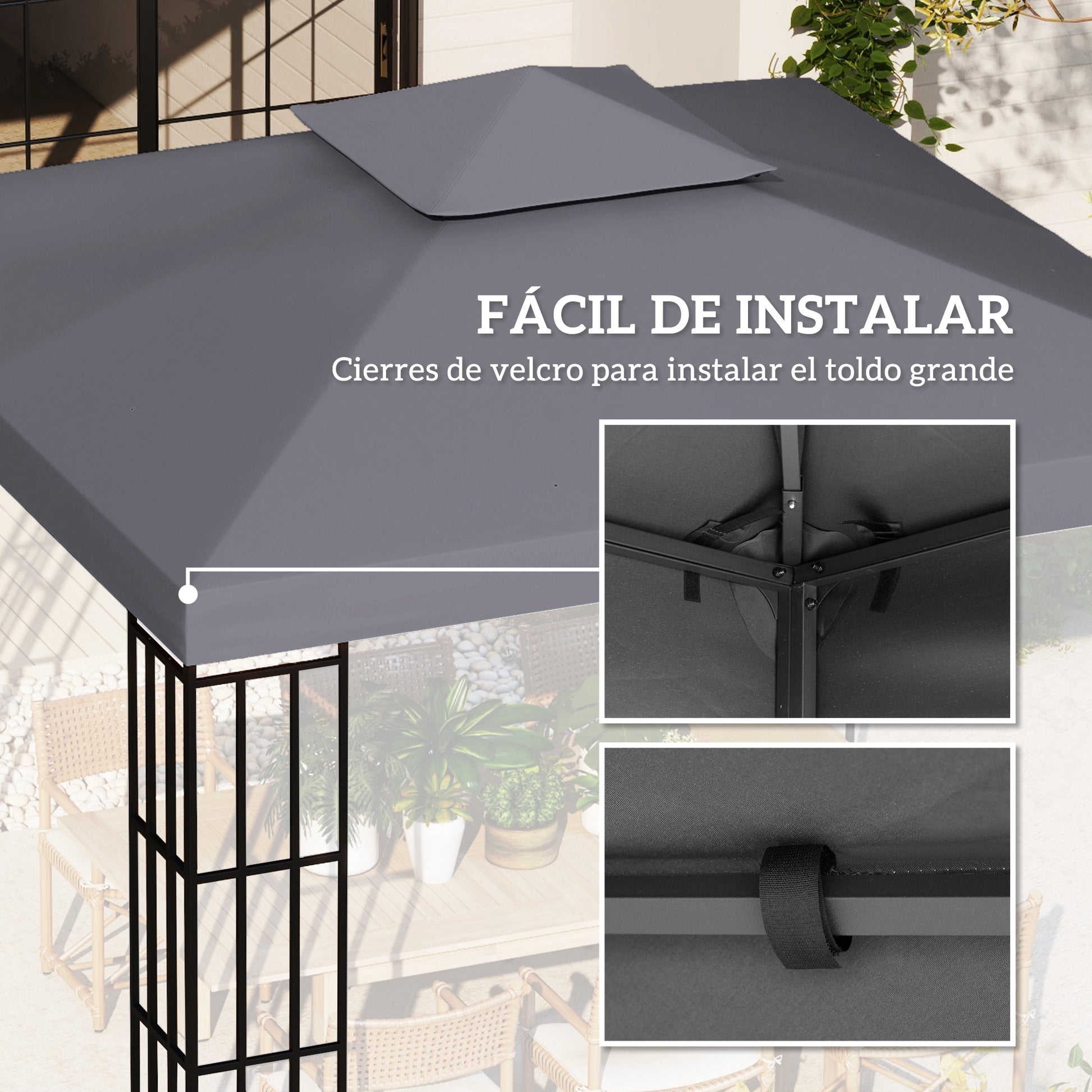 Outsunny Techo de Repuesto para Cenador, 3x3 m, Cubierta de Repuesto con Techo Doble, 8 Orificios de Drenaje y Protección UV, SOLO Toldo de Recambio para Pabellón Gazebo, Gris Oscuro