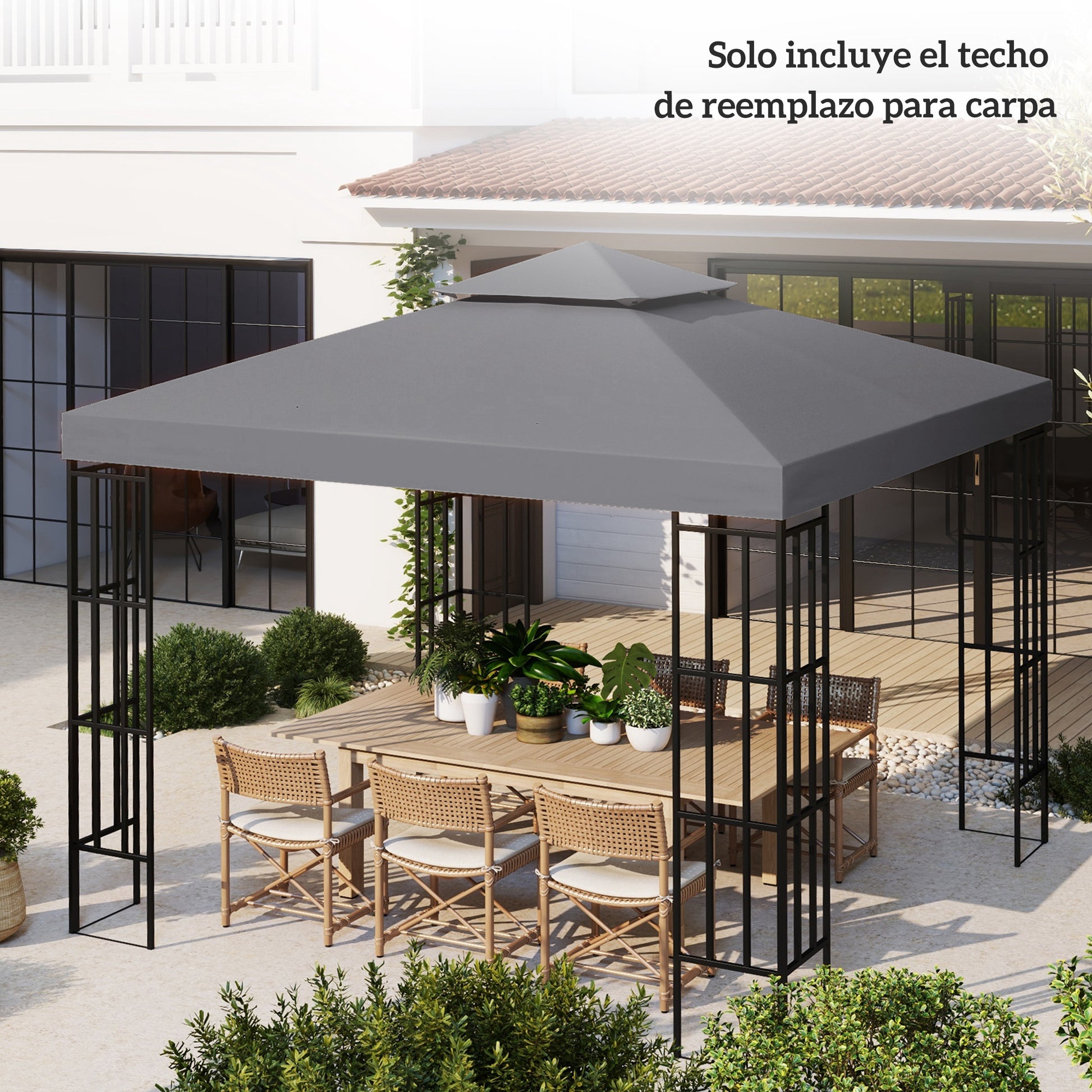 Outsunny Techo de Repuesto para Cenador, 3x3 m, Cubierta de Repuesto con Techo Doble, 8 Orificios de Drenaje y Protección UV, SOLO Toldo de Recambio para Pabellón Gazebo, Gris Oscuro