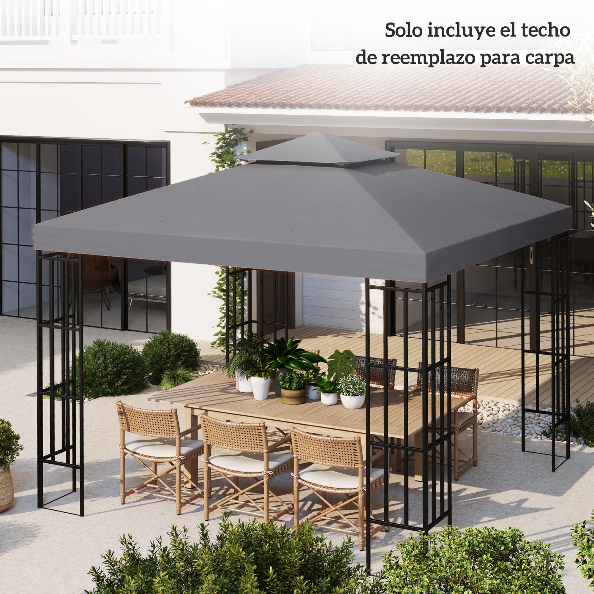 Outsunny Techo de Repuesto para Cenador, 3x3 m, Cubierta de Repuesto con Techo Doble, 8 Orificios de Drenaje y Protección UV, SOLO Toldo de Recambio para Pabellón Gazebo, Gris Oscuro