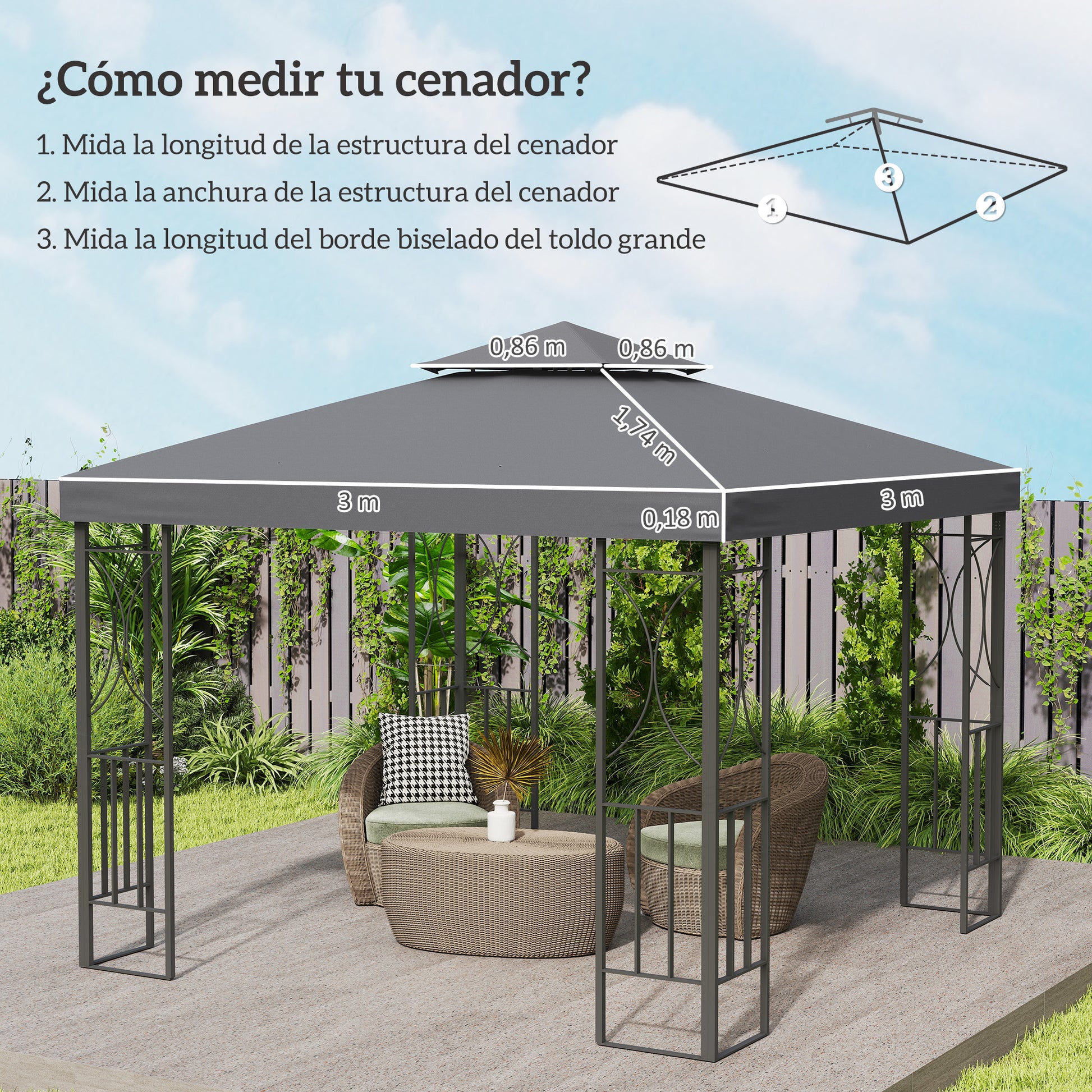 Outsunny Techo de Repuesto para Cenador, 3x3 m, Cubierta de Repuesto con Techo Doble, 8 Orificios de Drenaje y Protección UV, SOLO Toldo de Recambio para Pabellón Gazebo, Gris Oscuro