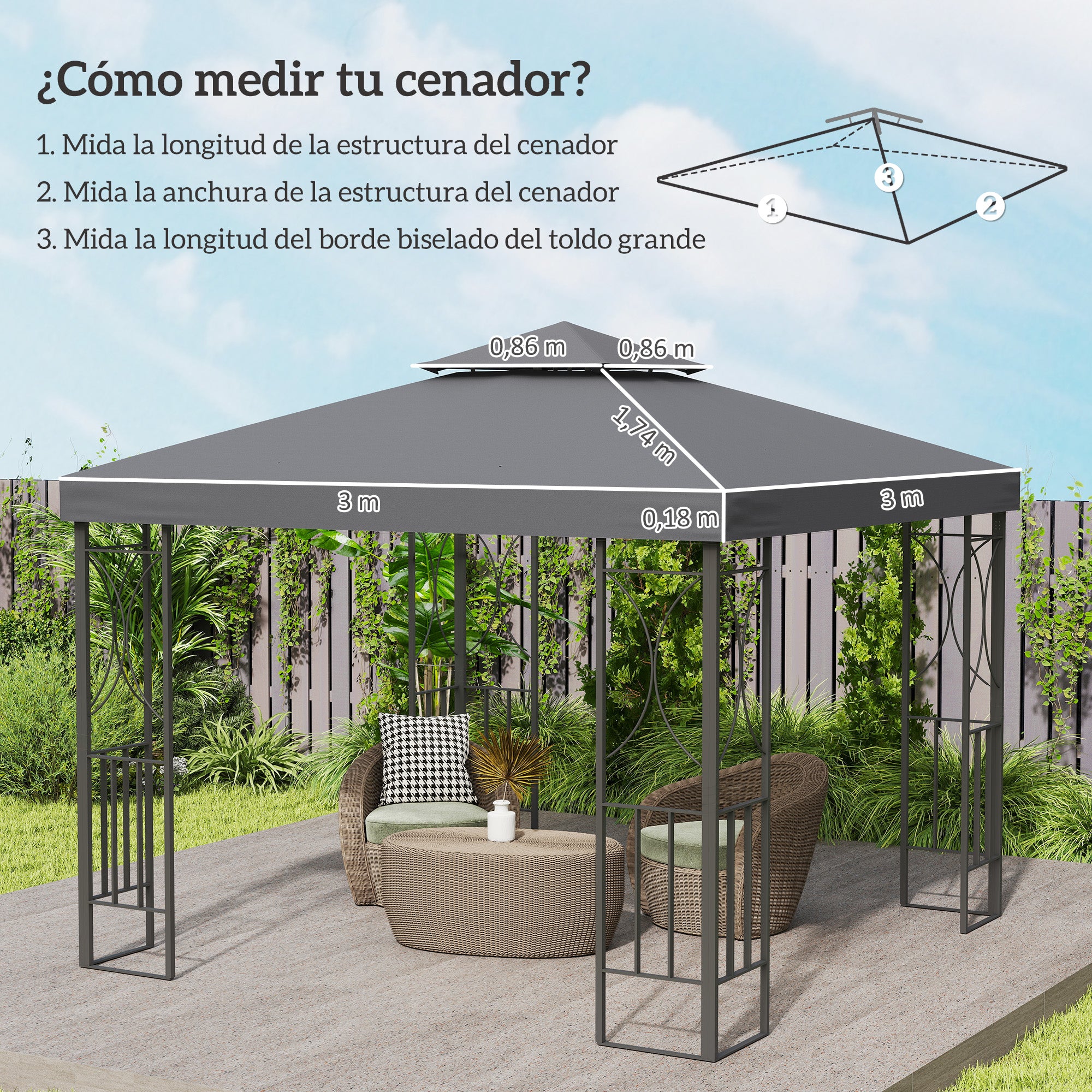 Outsunny Techo de Repuesto para Cenador, 3x3 m, Cubierta de Repuesto con Techo Doble, 8 Orificios de Drenaje y Protección UV, SOLO Toldo de Recambio para Pabellón Gazebo, Gris Oscuro