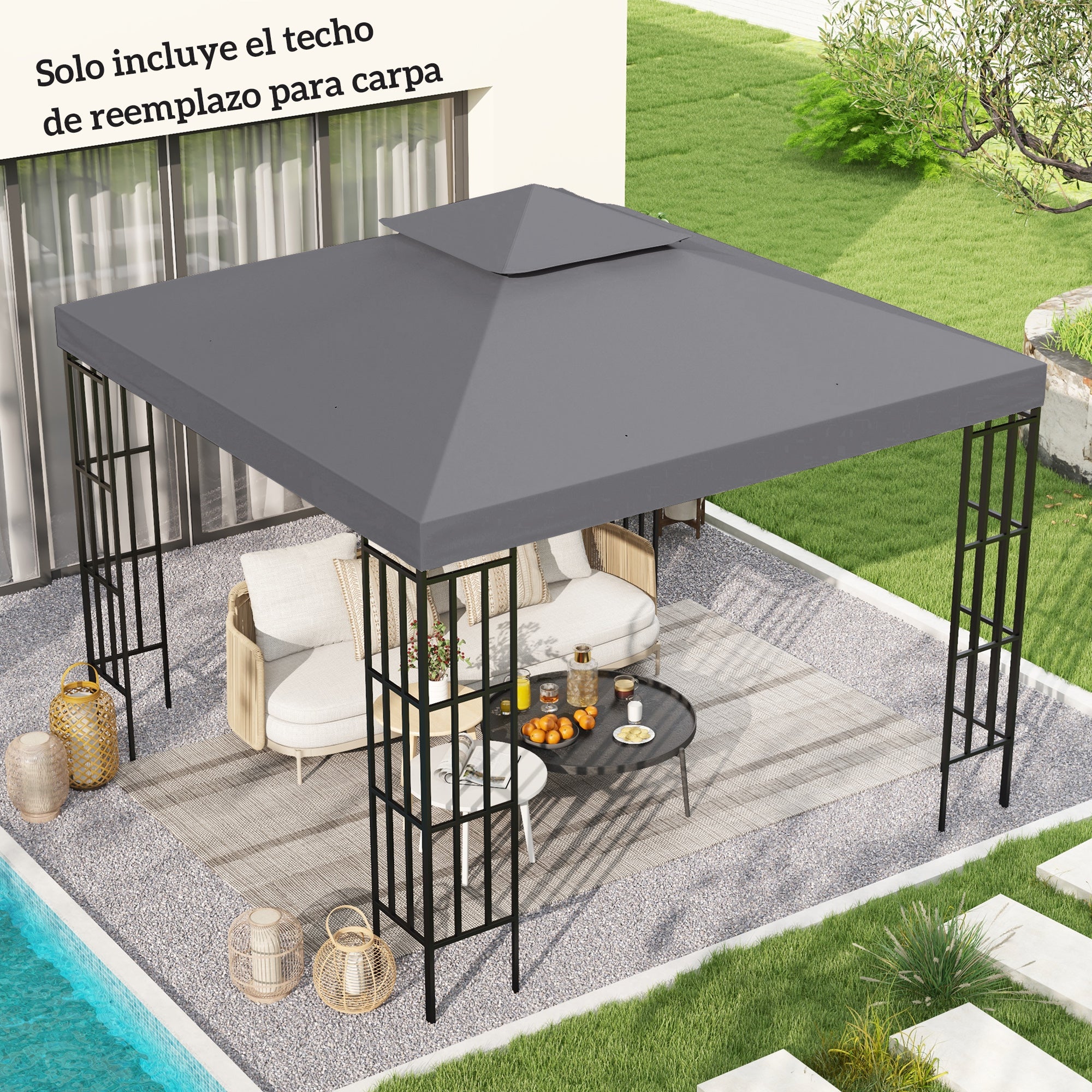 Outsunny Techo de Repuesto para Cenador, 3x3 m, Cubierta de Repuesto con Techo Doble, 8 Orificios de Drenaje y Protección UV, SOLO Toldo de Recambio para Pabellón Gazebo, Gris Oscuro
